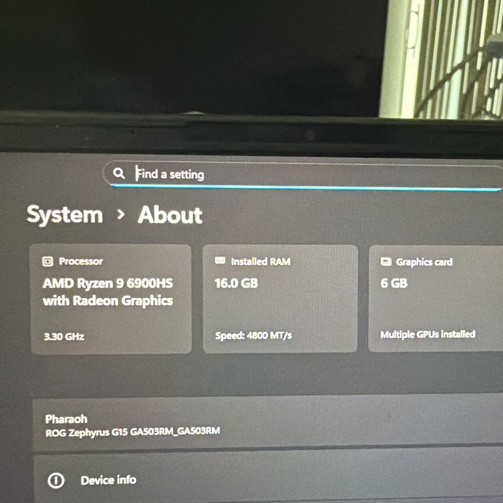ASUS ROG Zephyrus G15 GA503RM 15.6in Ryzen 9 6900HS 16GB RTX3060 1TB SSD W11H