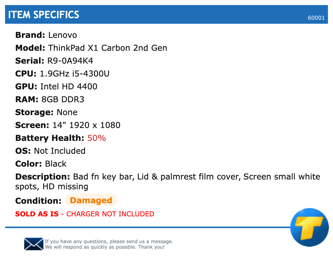 Lenovo ThinkPad X1 Carbon 2nd Gen – 14″ FHD, 1.9GHz i5, 8 RAM, No Storage