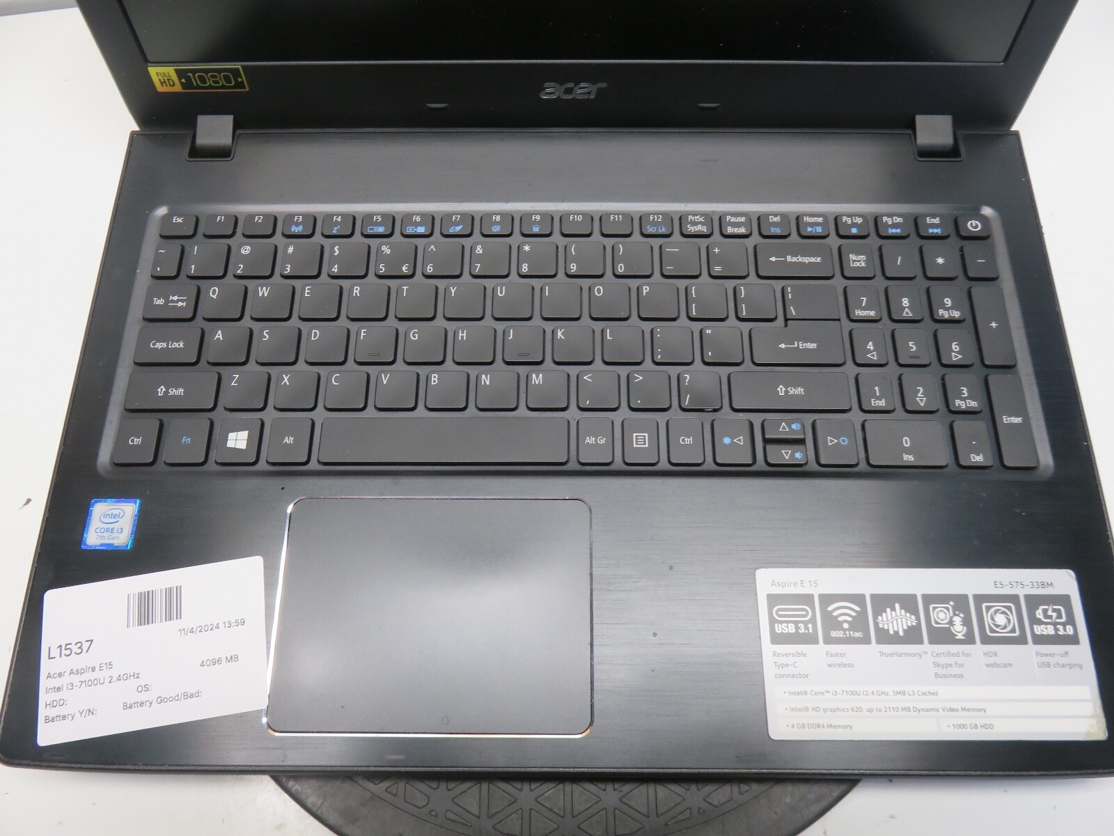 Acer Aspire E15 Intel i3-7100U 2.4GHz 4096 MB NO HDD No Batt