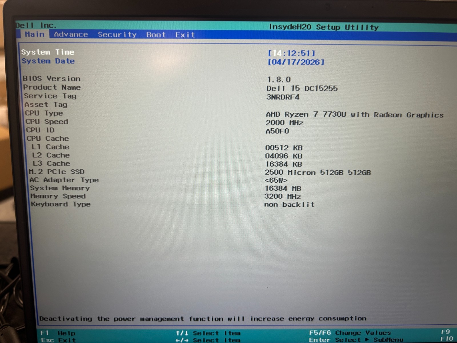 DELL 15 DC15255 G8MK9, AMD Ryzen 7 7730U, 2.00 GHz, 16 GB RAM, 512 GB NVMe