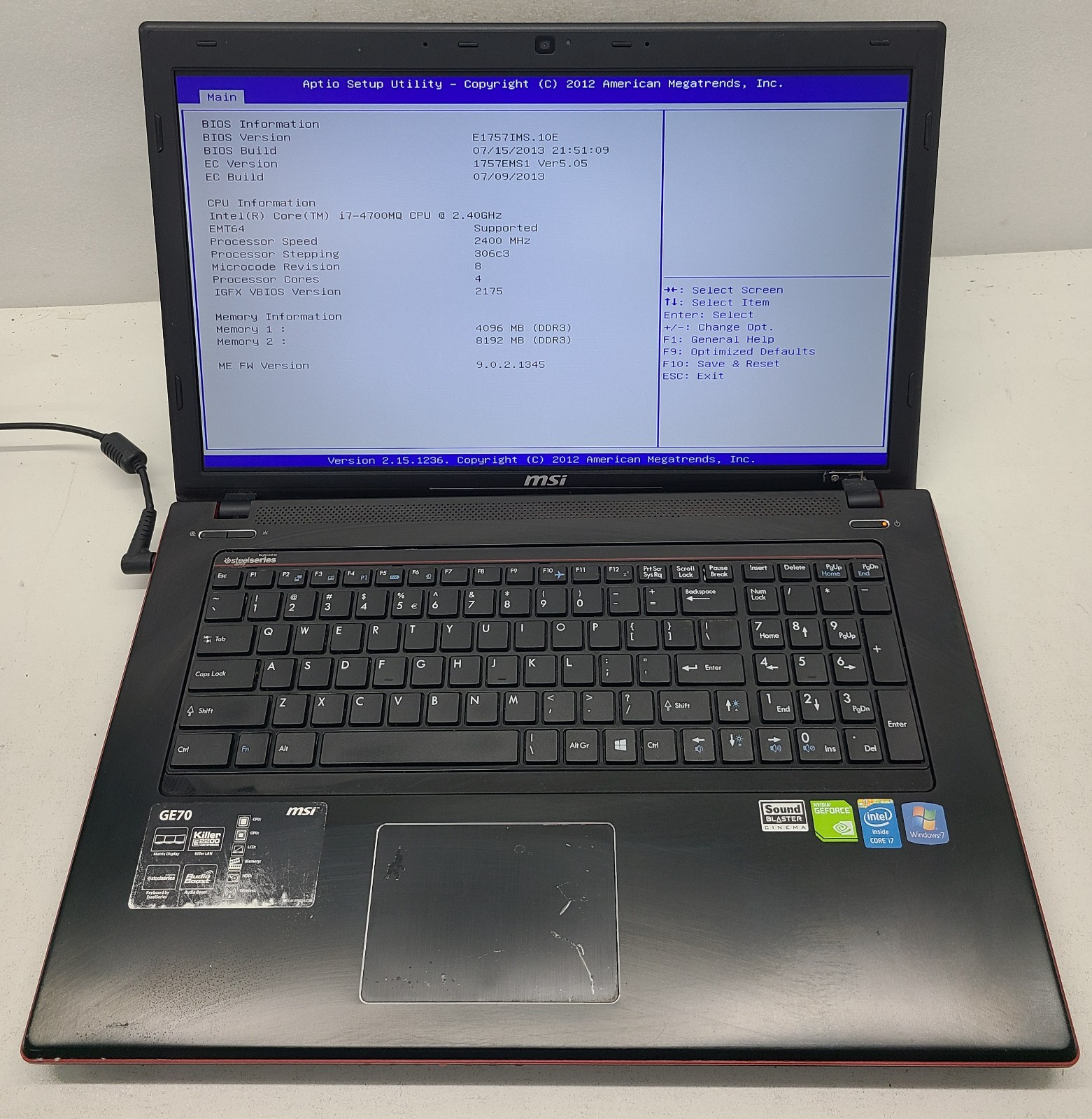 MSI GE70 17.3” Laptop Intel Core i7-4700MQ 12GB Ram NO HD/OS (FL)