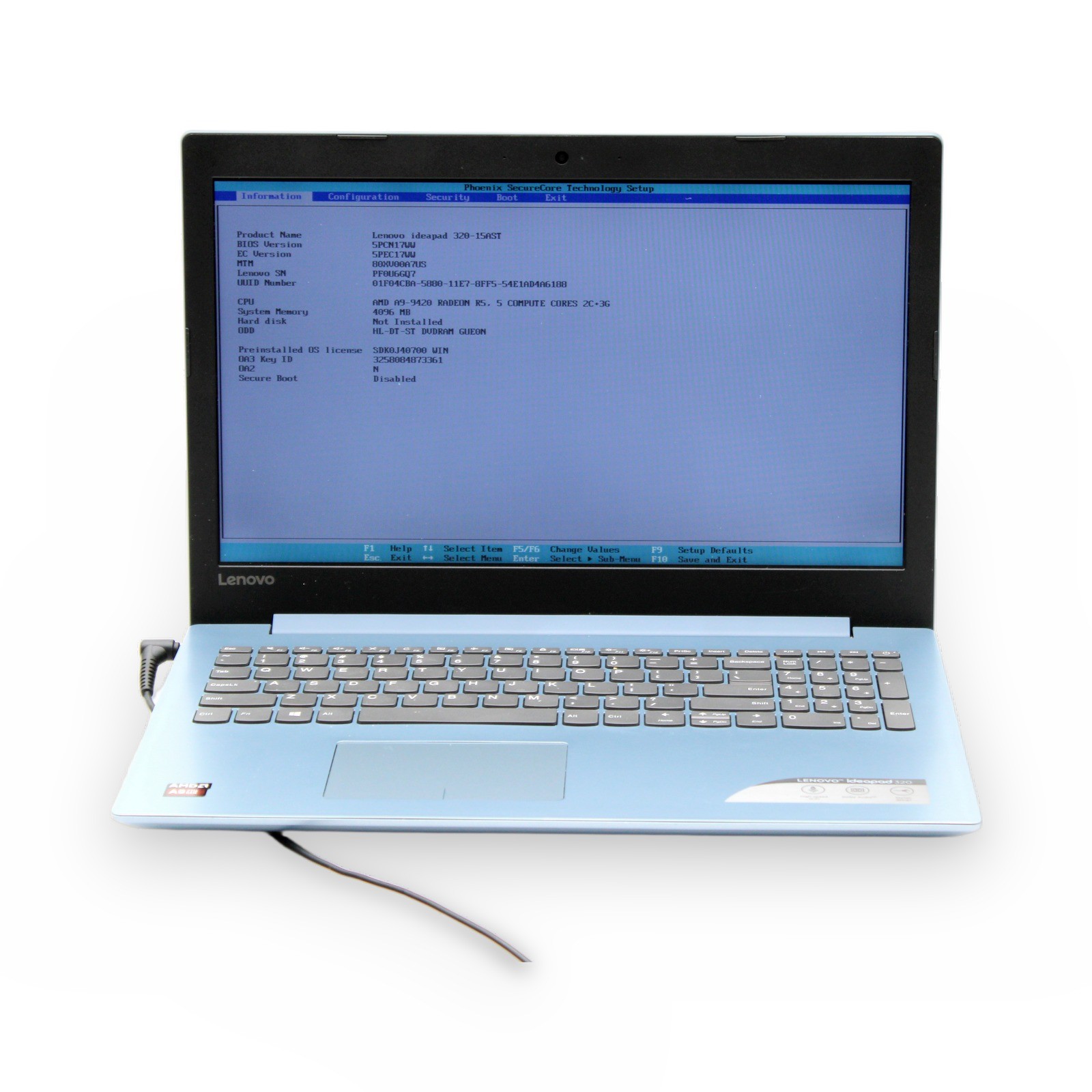 Lenovo IdeaPad 320-15AST 15.6in A9-9420 4GB No OS, Drive, Battery, Power Cord