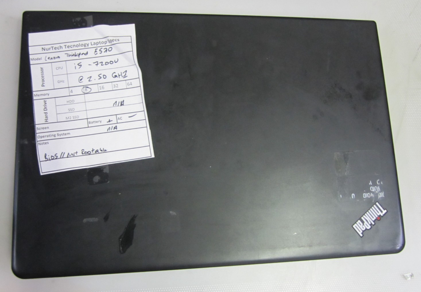 Lenovo ThinkPad E570 i5 7200U 2.50GHZ 8GB NO HDD/AC/OS LAPTOP BIOS