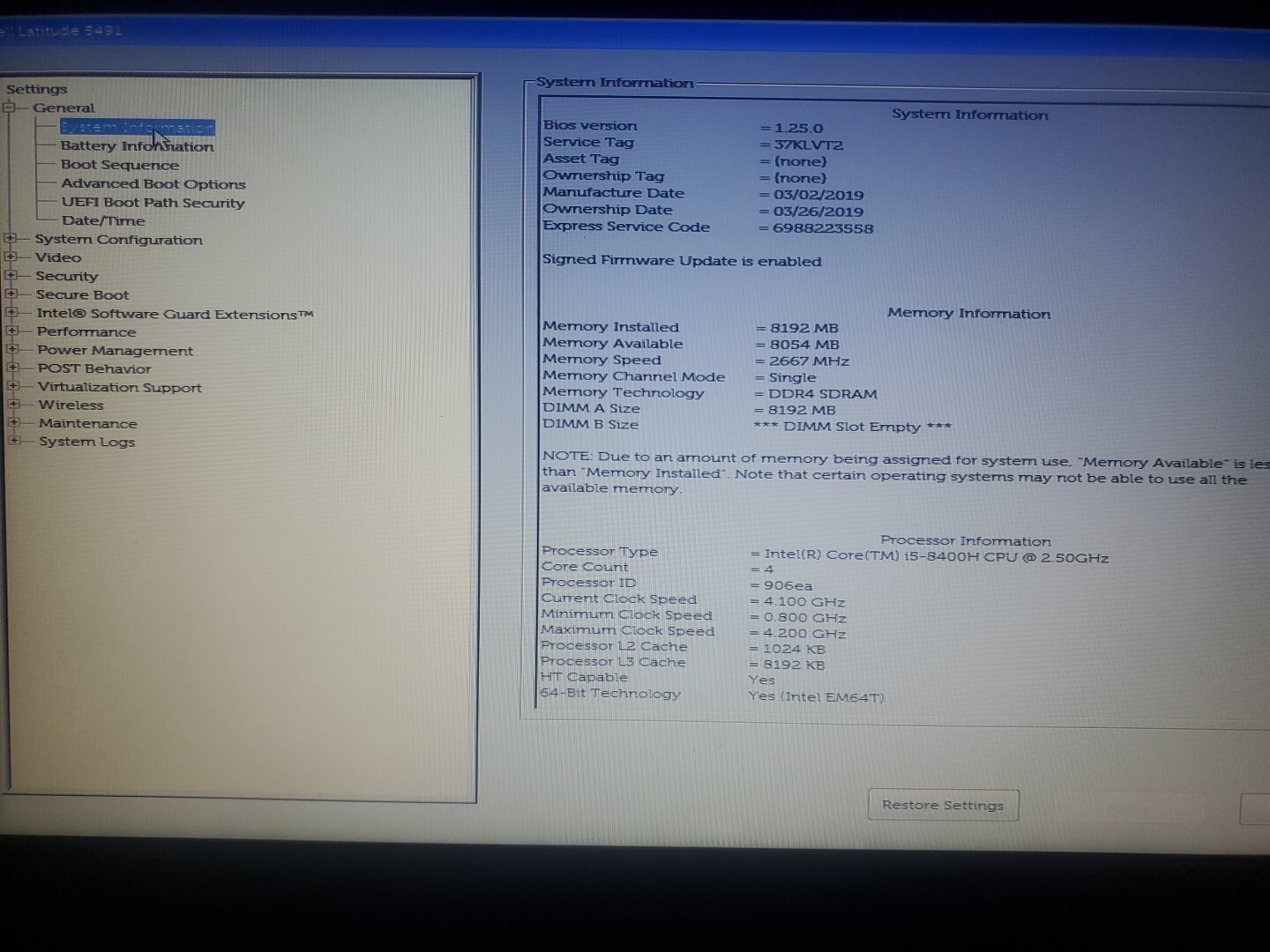 DELL LATITUDE 5491 Core I5-8300H 120GB SSD 8GB