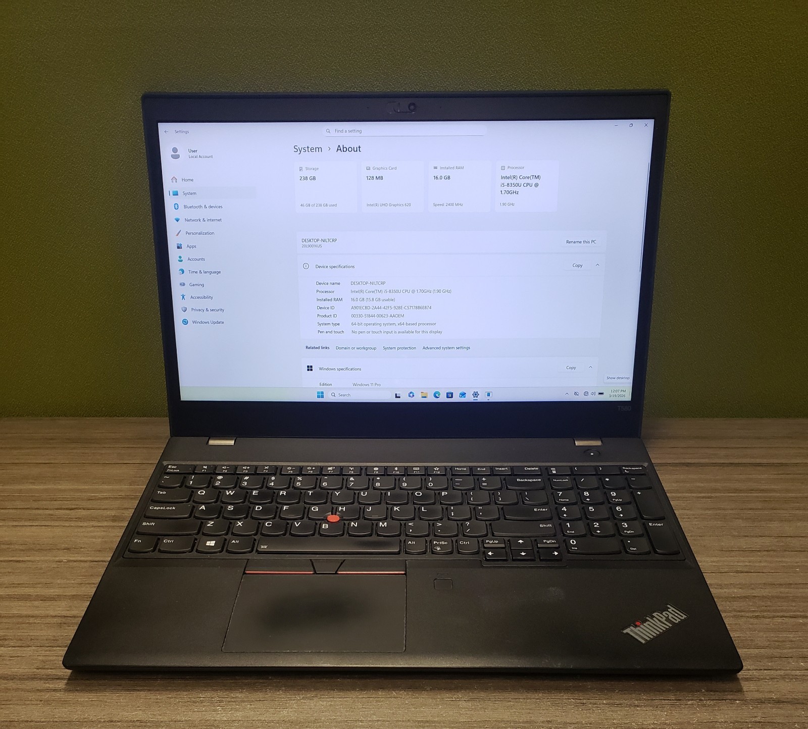 LENOVO THINKPAD T580 LAPTOP i5-8350U 16GB RAM 238GB SSD WIN 11 Pro Wifi – READ