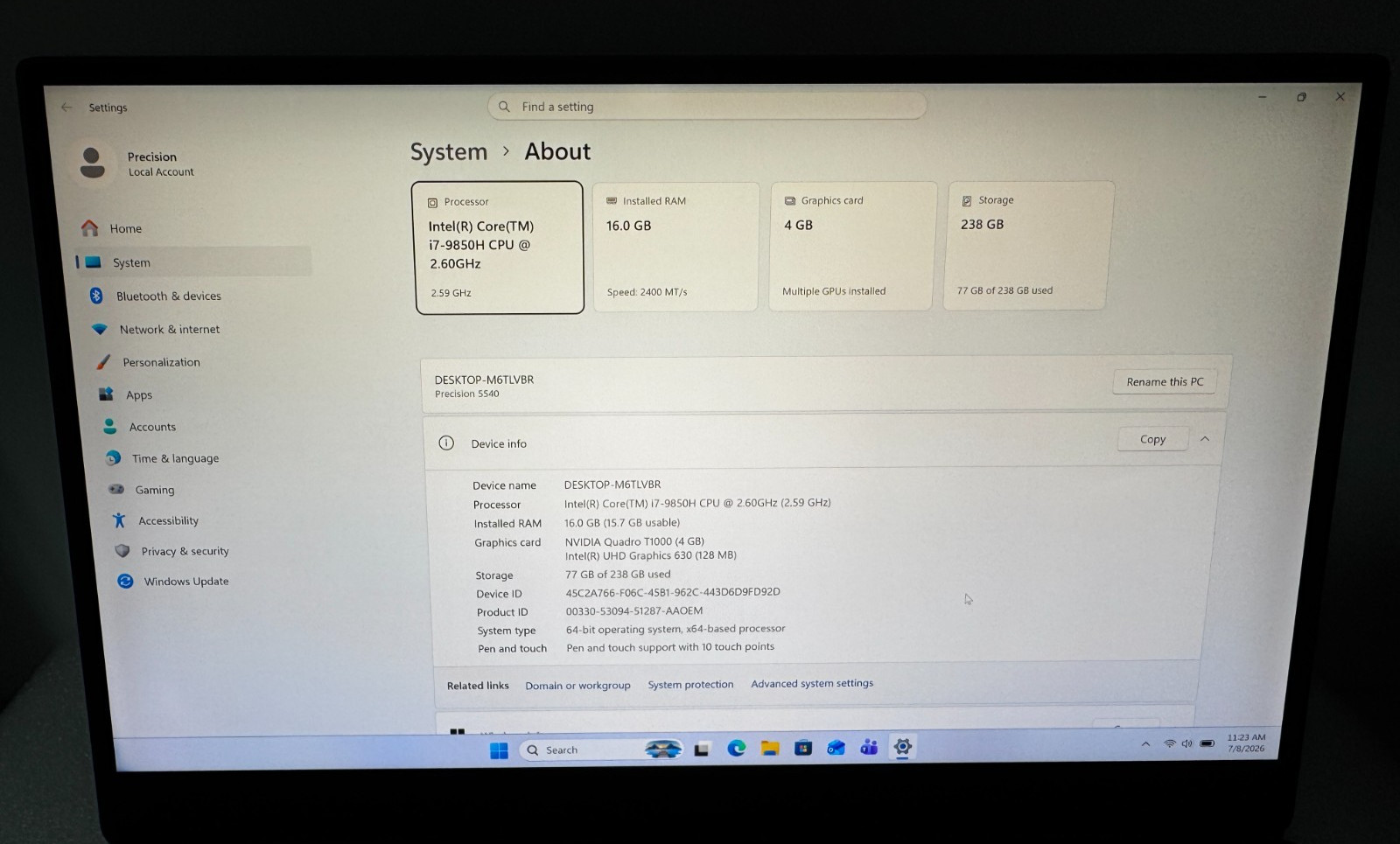Dell Precision 5540 15.6 4K Touch Laptop i7-9850H 16GB 256GB Nvidia T1000 Win 11