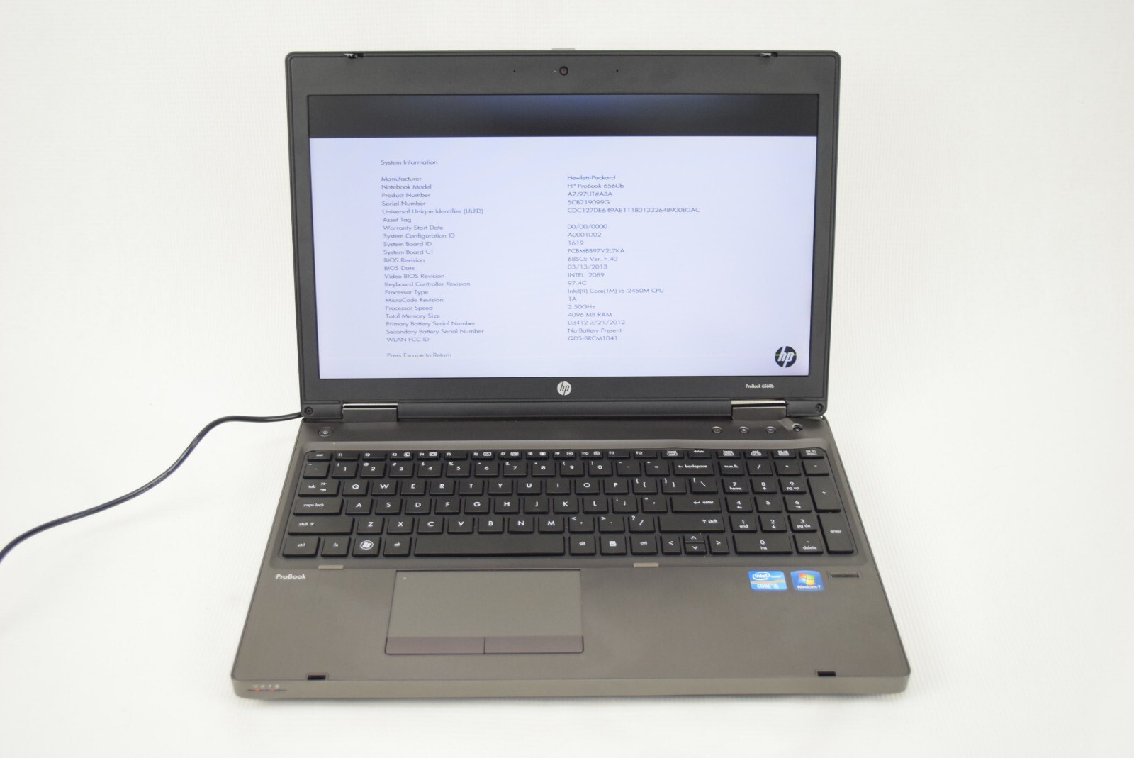 HP 6560b Intel Core i5-2450M 2.50 GHz 4GB Laptop Computer NO HDD NO OS