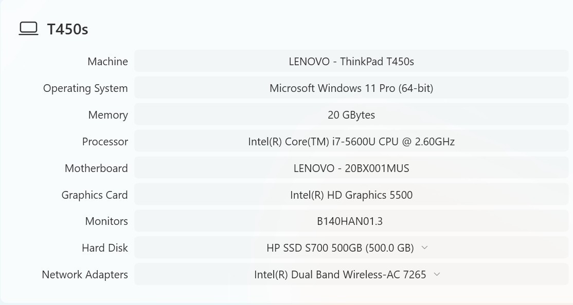 Lenovo ThinkPad T450s Laptop | i7-5600U | 20GB RAM | 500GB SSD | Win11 Pro