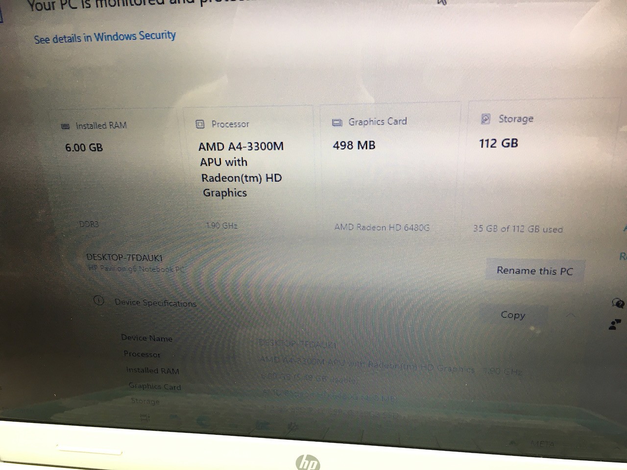 HP Pavilion G6 AMD A4-3300M 1.90GHz 6GB 120GB SSD [ Flowers ] Windows 10