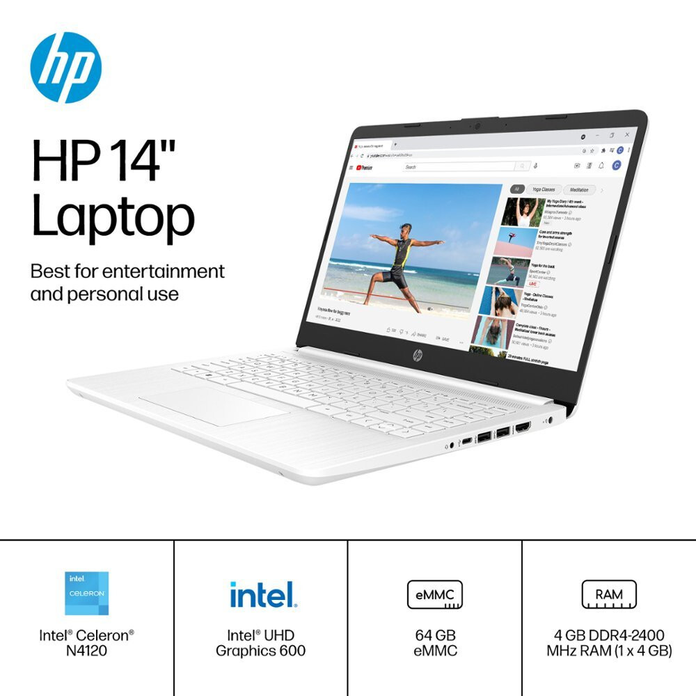 HP 14-inch HD Laptop Celeron N4120 1.10GHz 4GB RAM 64GB eMMC 14-DQ0052DX White