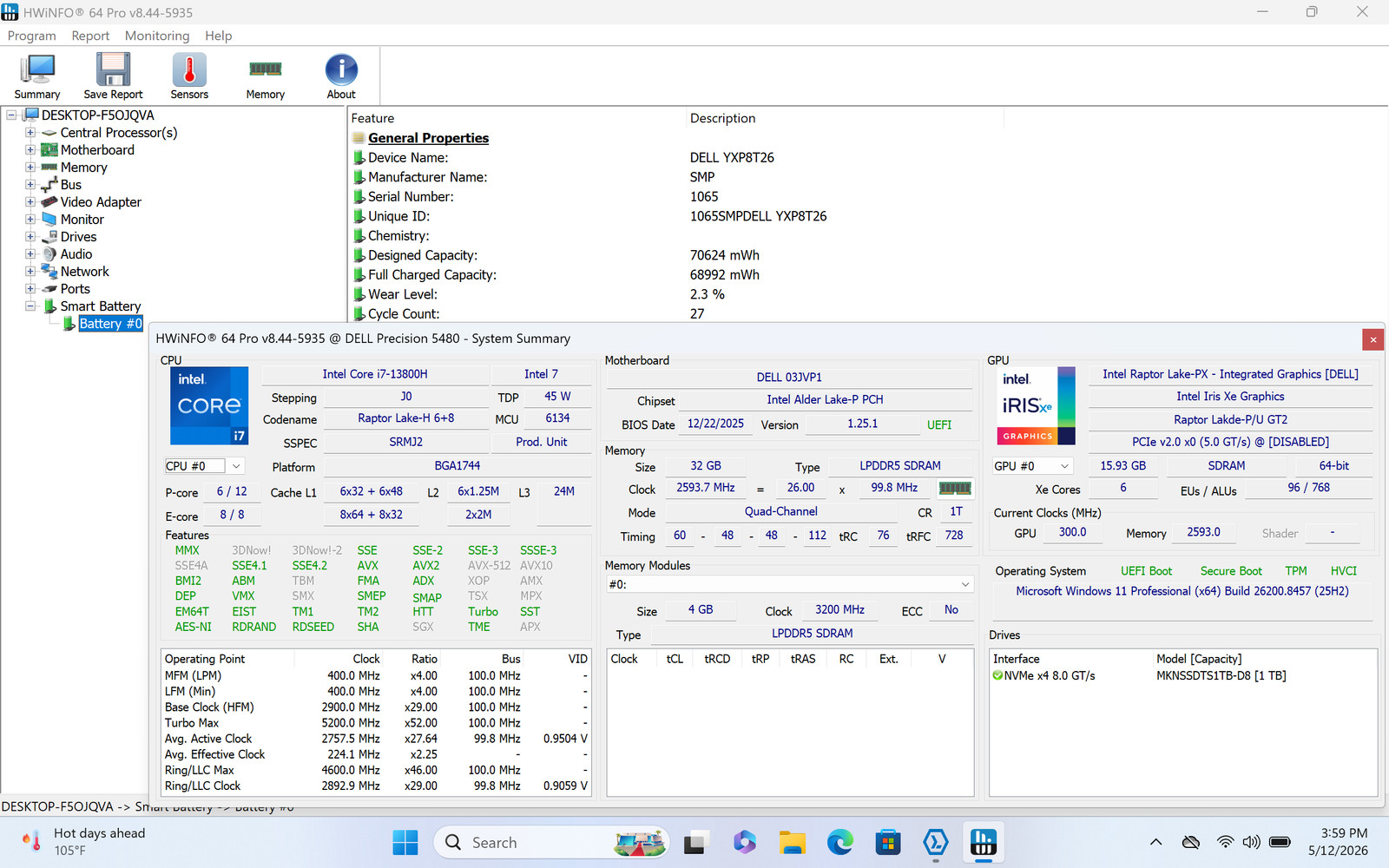 Dell Precision 5480 14″ Touch I7-13800H 1TB 32GB W11P RTX A1000 FP Reader WNTY