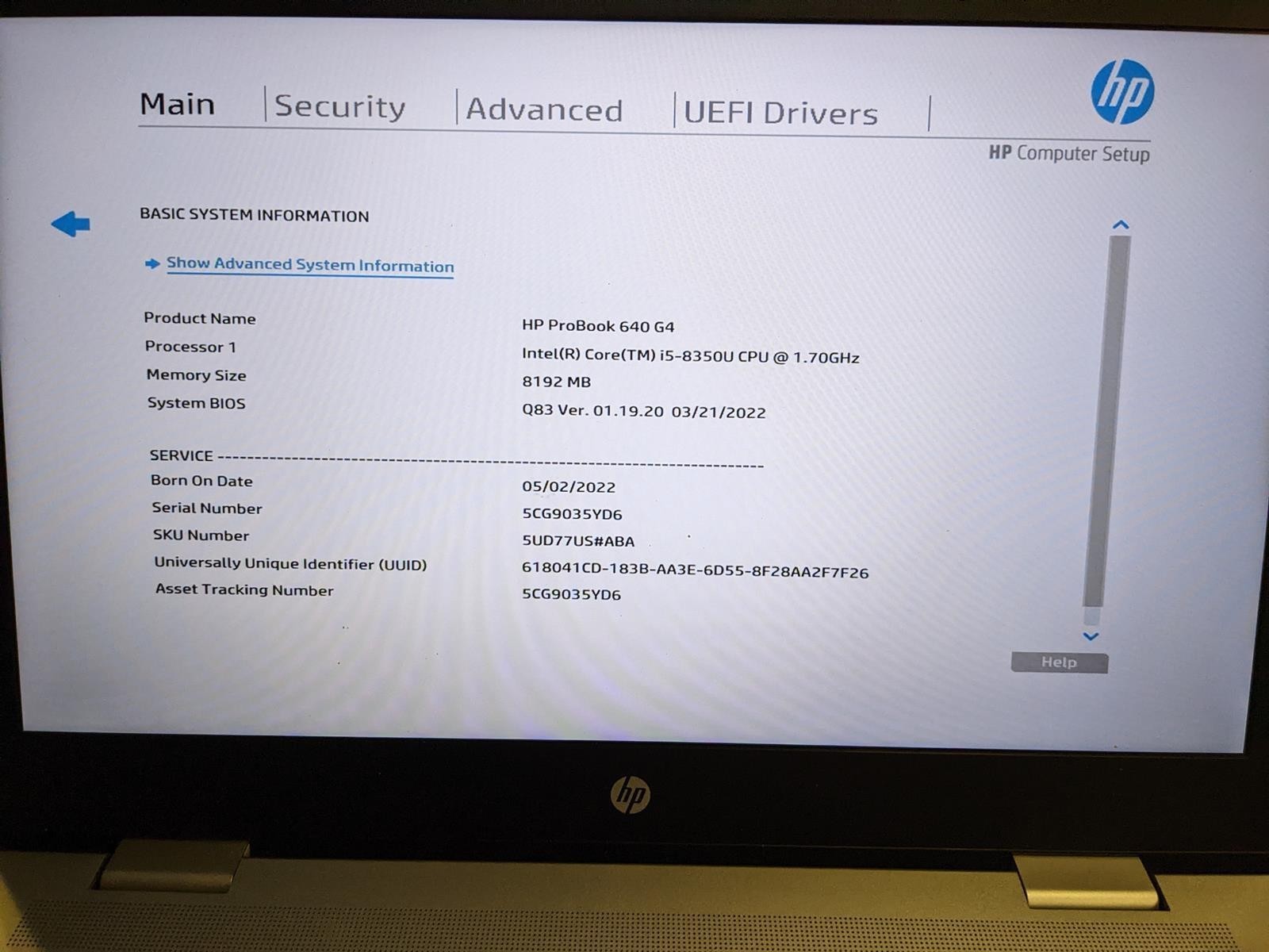 HP PROBOOK 640 G4 i5-8350U @ 1.70GHz, 8GB RAM, NO HDD/OS
