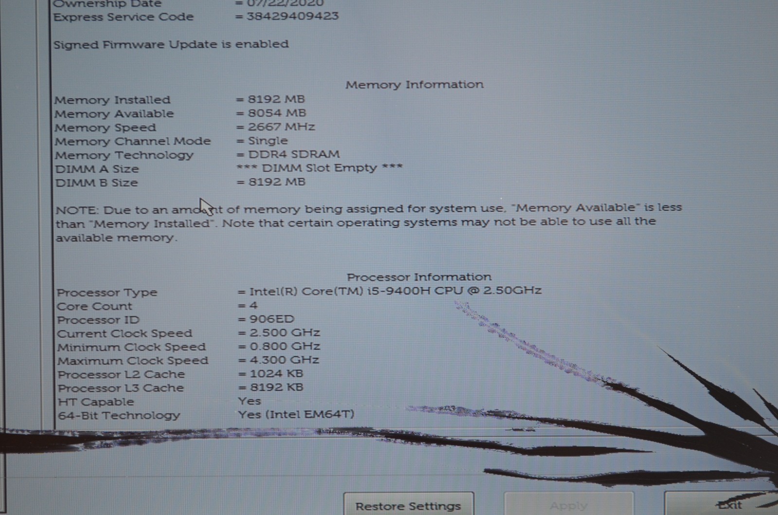 Dell Latitude 5401 14″ FHD i5-9400H 8GB RAM Cracked Screen No SSD No Charger