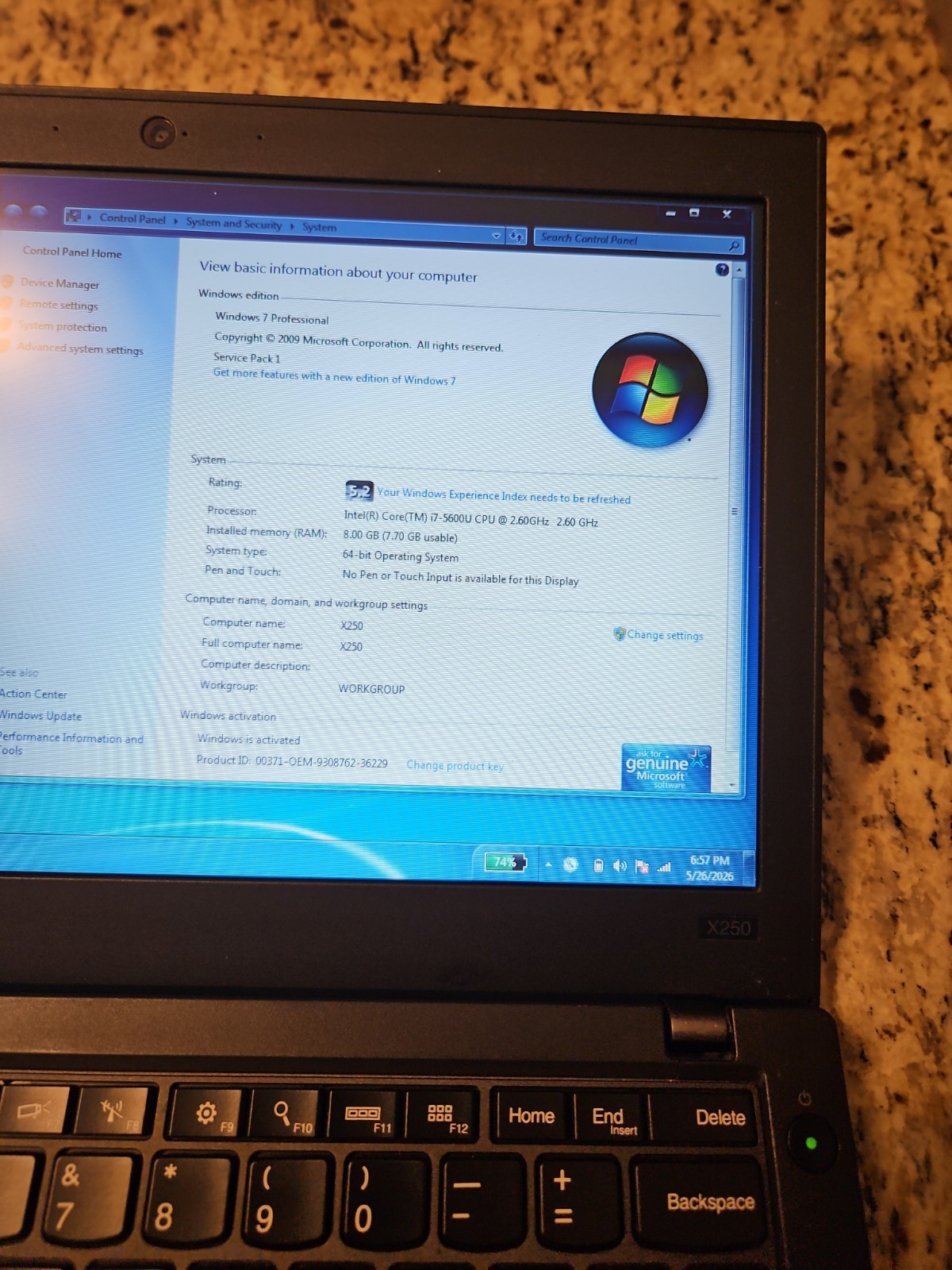 Lenovo ThinkPad X250 12.5″ Intel i7 8GB RAM 256GB SSD Windows 7 Ready to Use