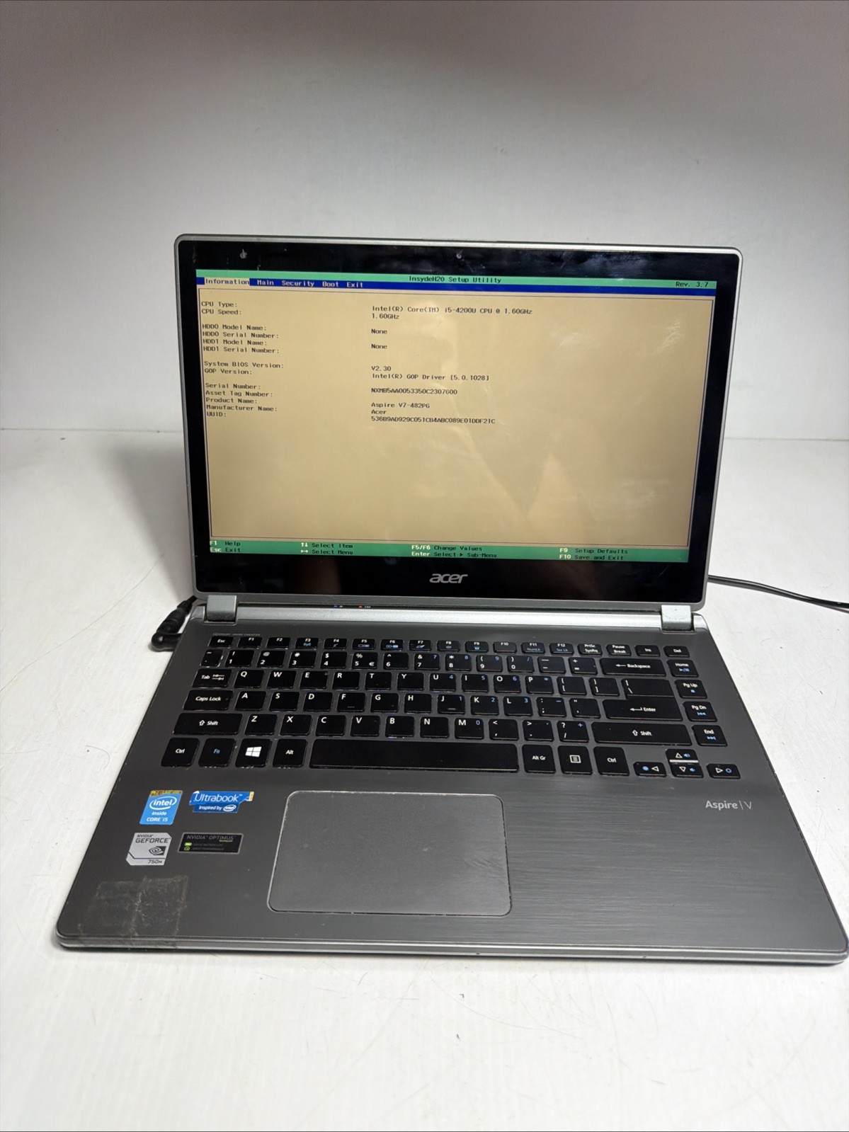 Acer Aspire V7-482PG 14″ Laptop i5-4200U 4gb Ram No Drives Boots Bios Hinge