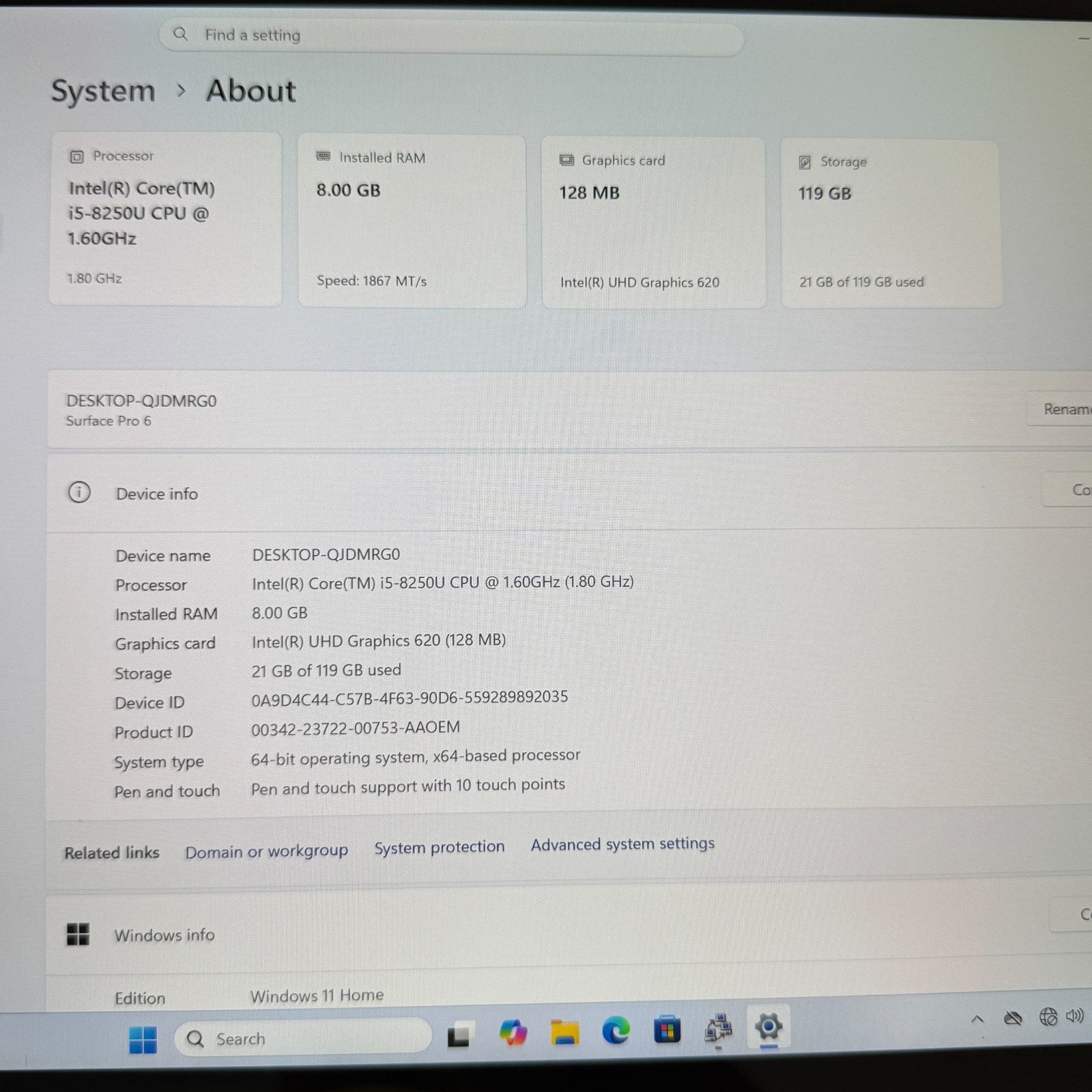 Microsoft Surface Pro 6 i5-8250U 8GB RAM 128GB SSD DDR3 12.3″ Win11 Tab Silver-B