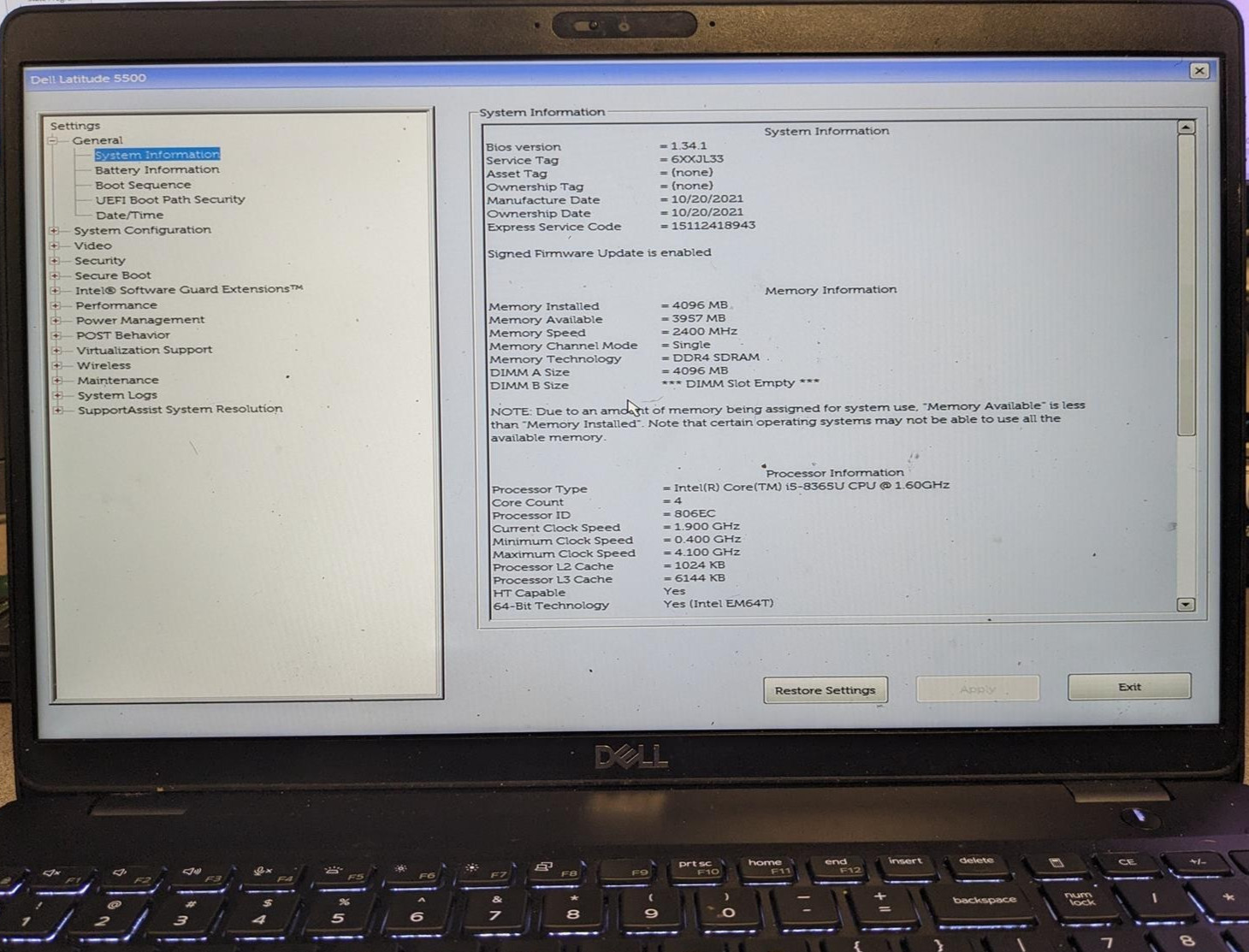 DELL LATITUDE 5500 i5-8365U @ 1.60GHz, 4GB RAM, NO HDD/OS