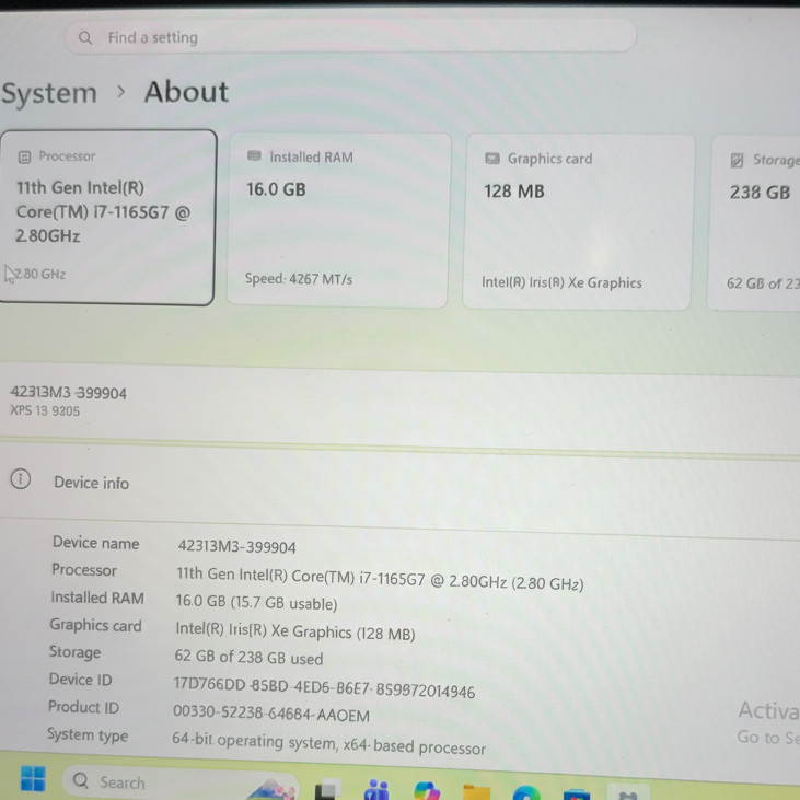 Dell XPS 13 9305 Laptop i7-1165G7 2.8GHz 16GB RAM 256GB SSD Win 11 Pro