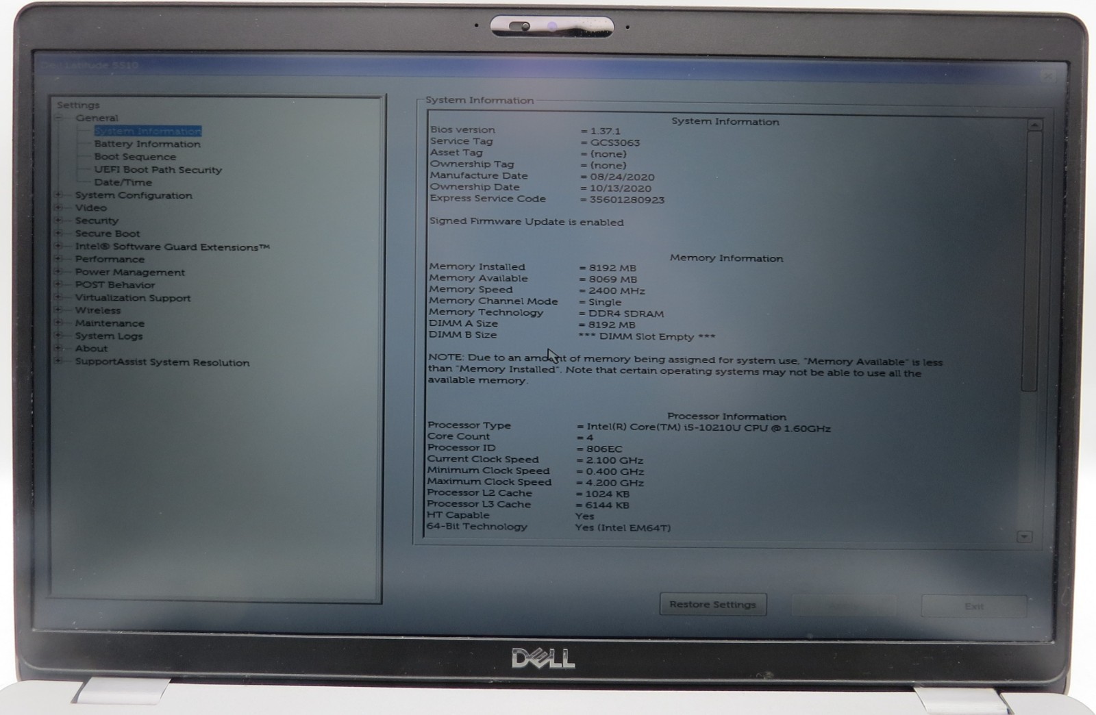 Dell Latitude 5510 i5-10210U @1.60GHz 8GB RAM 256GB NVME WIN 11 Pro *READ*