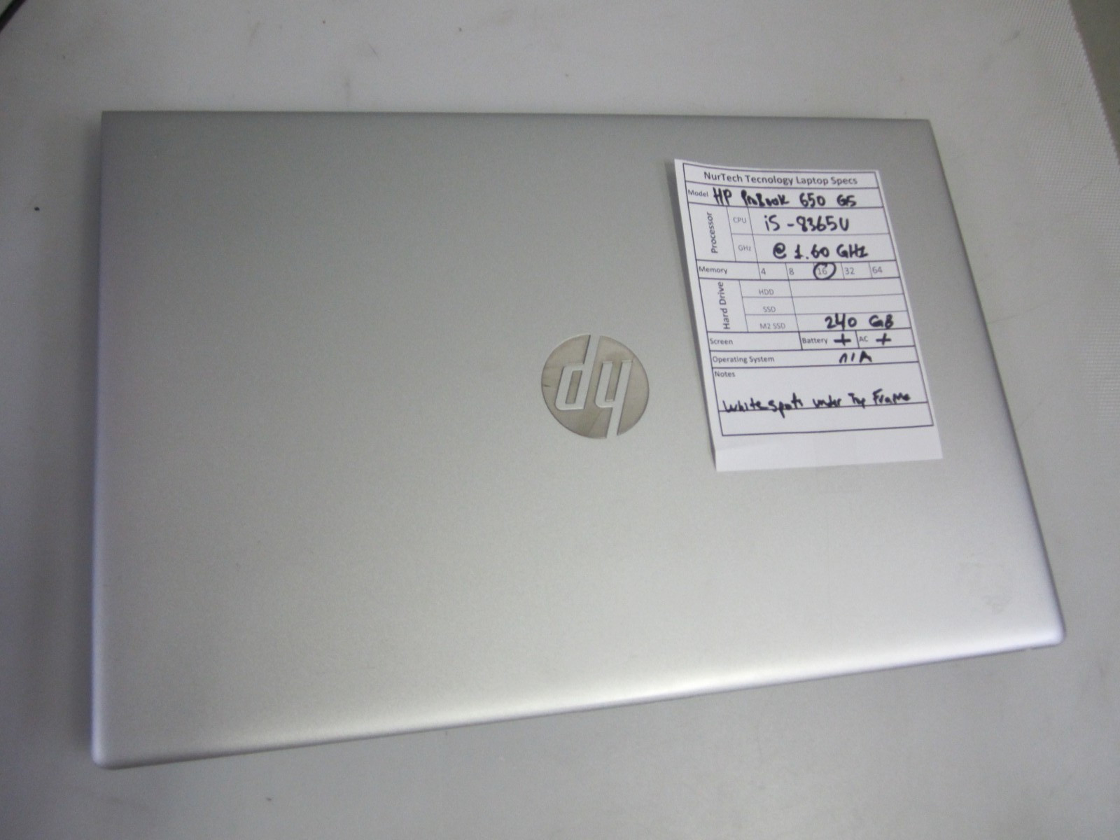HP ProBook 650 G5 i5-8365U 1.60GHz 16GB 240GB Laptop NO OS + AC READ