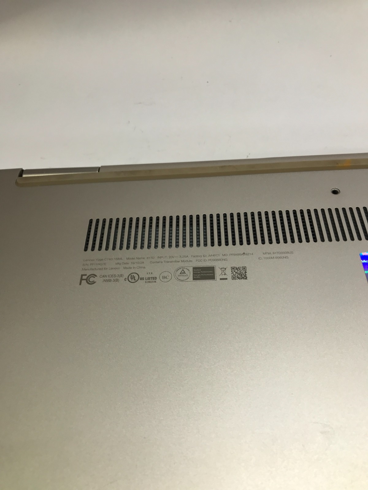 Lenovo Yoga C740-15IML 15″ Chassis ONLY – NO MOTHERBOARD – For Parts AS IS READ