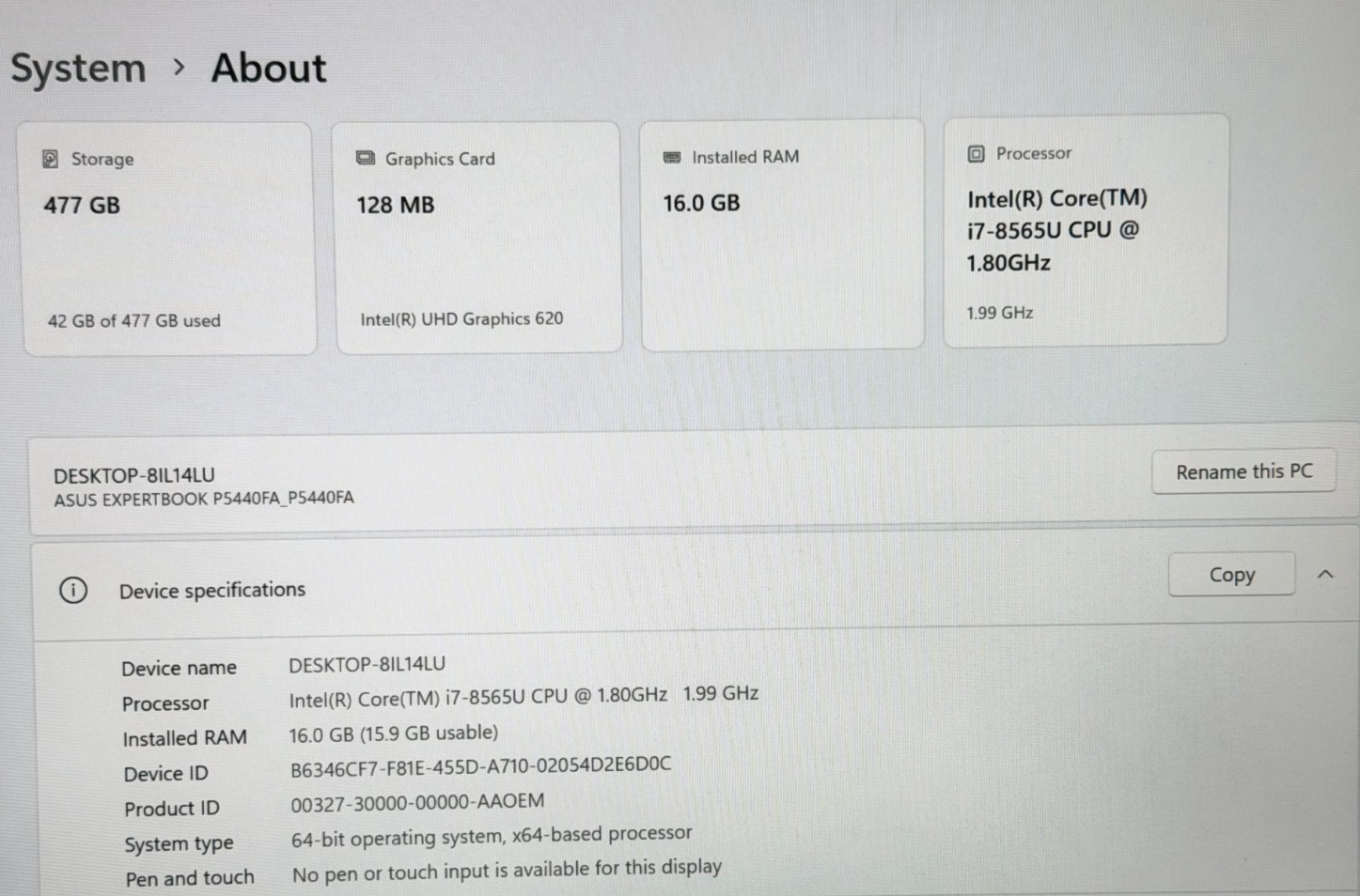 ASUS ExpertBook P5440F 14″ FHD Inter 8th Gen 8/16GB 512GB SSD Windows 11 Pro