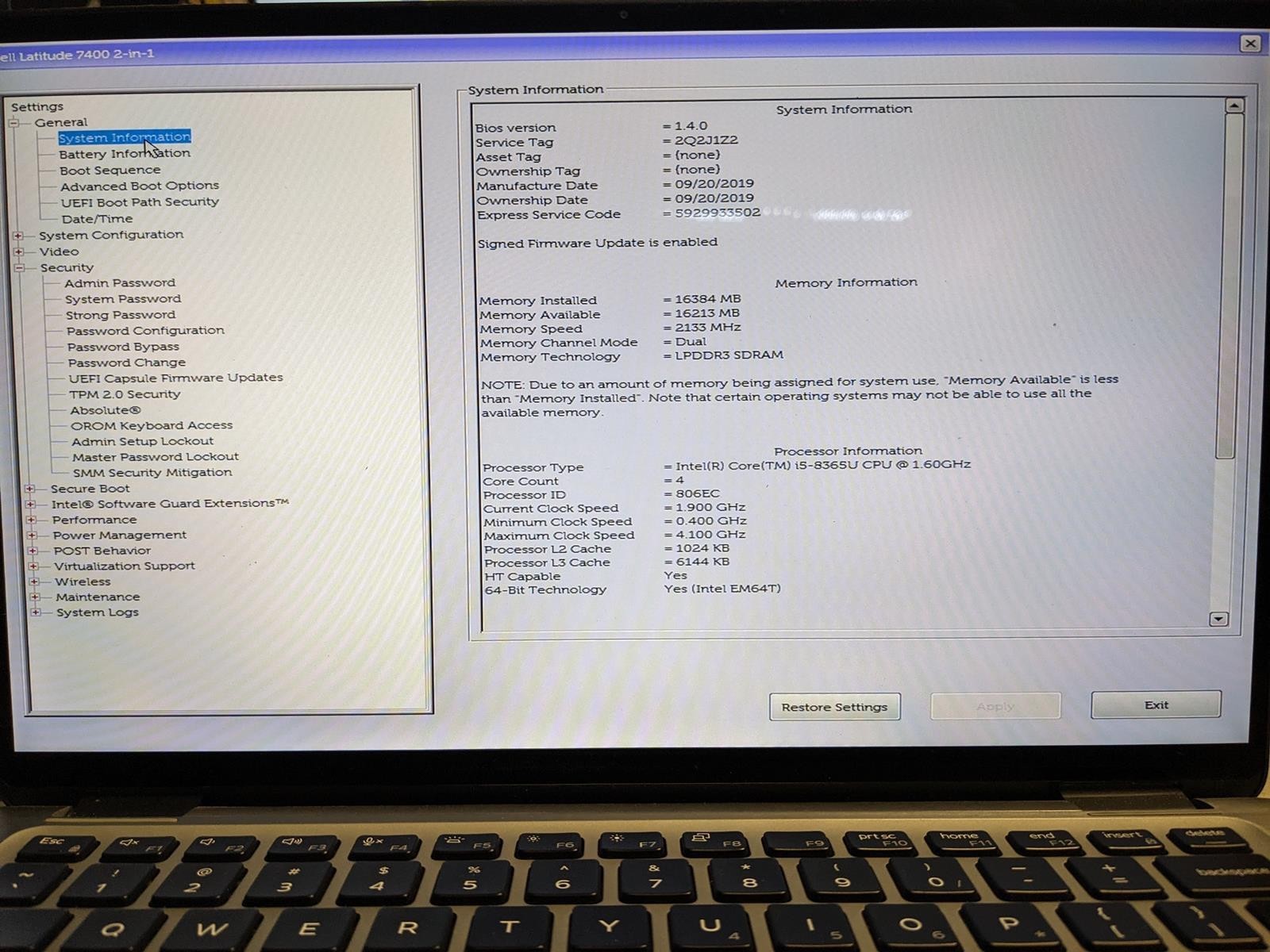 DELL LATITUDE 7400 2-IN-1 i5-8365U @ 1.60GHz, 16GB RAM, NO HDD/OS