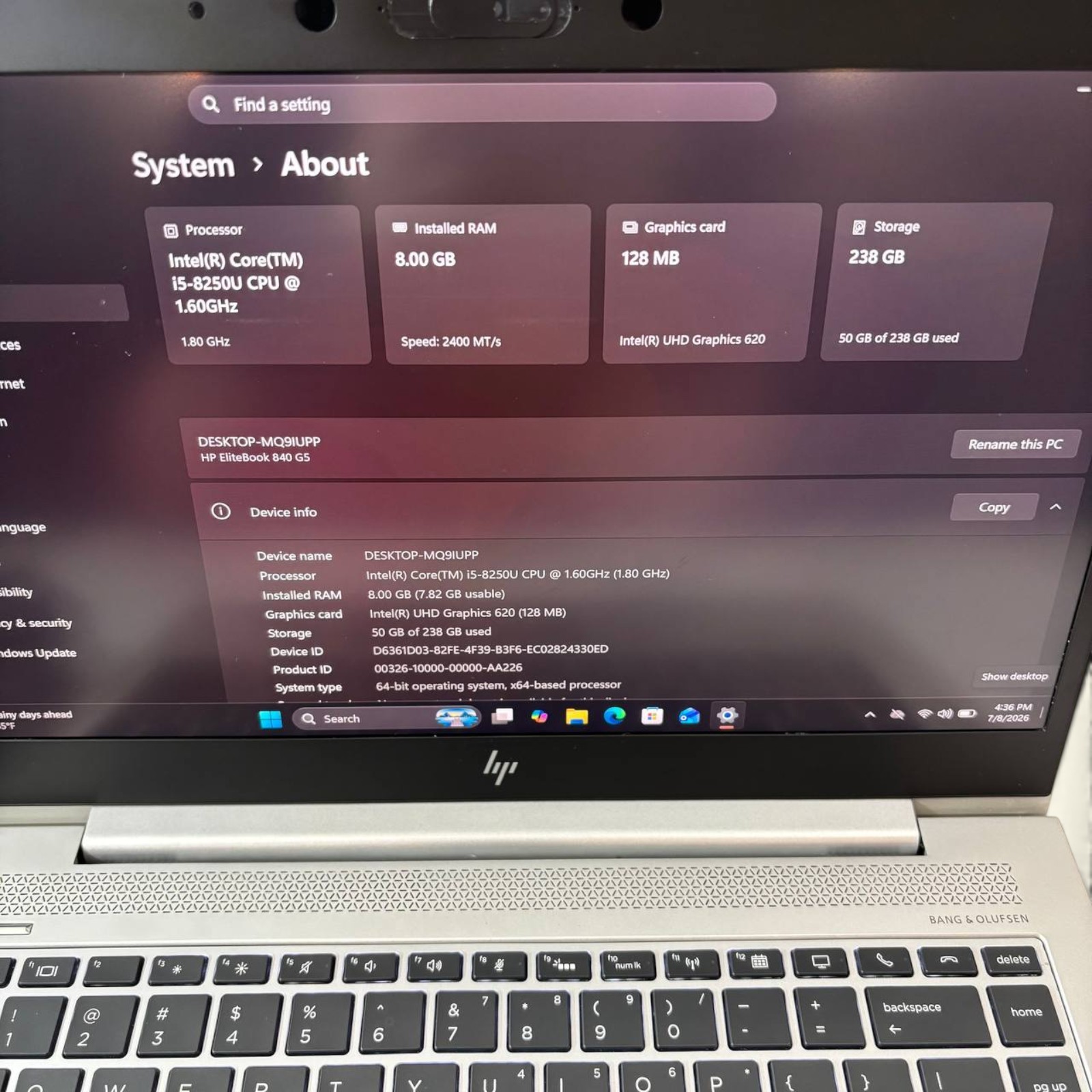 HP EliteBook 840 G5 – i5 8th Gen | 8GB RAM | 256GB SSD | Win11 #144