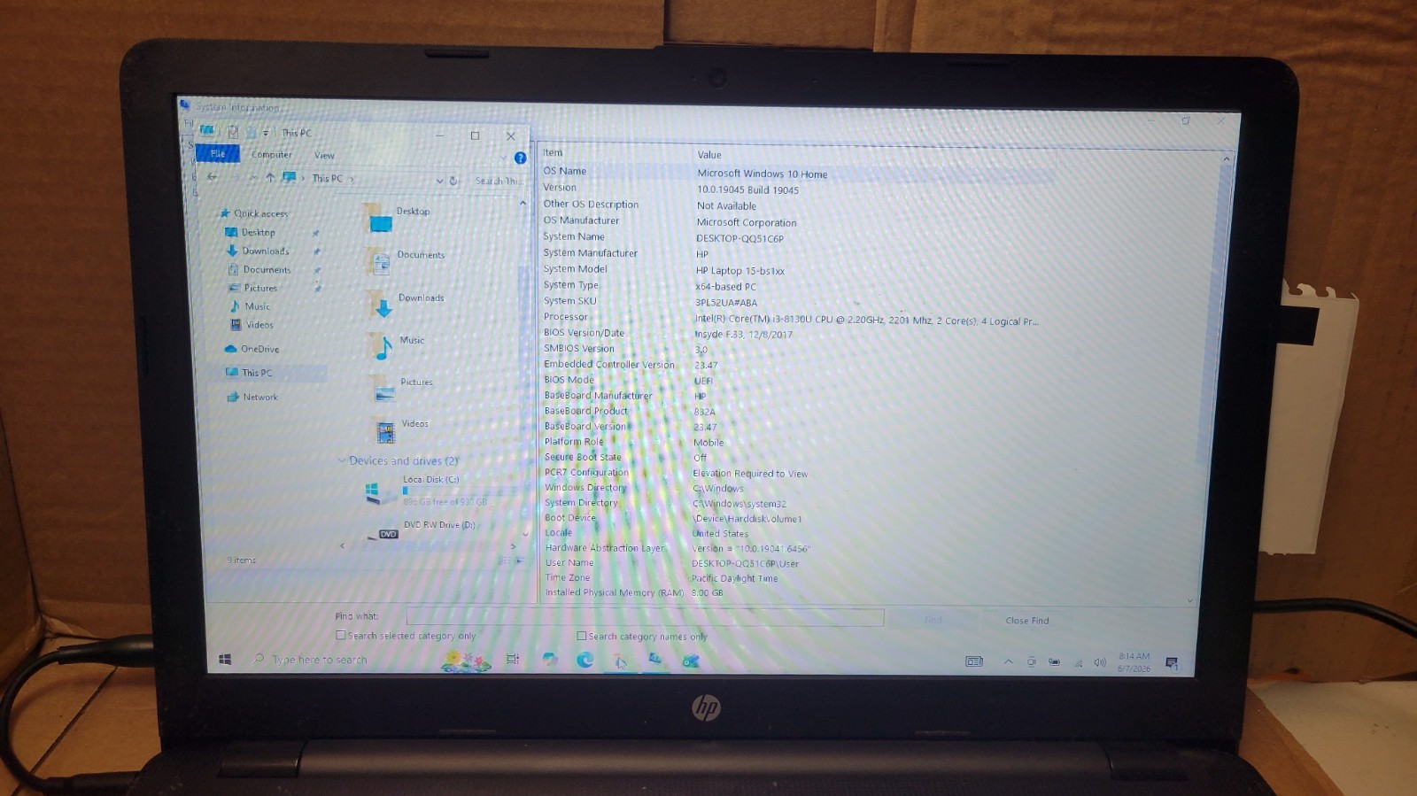 HP 15-BS113DX 15.6″ Laptop | i3-8130U 2.2 Ghz | 8GB RAM | 500GB HDD | Win 10