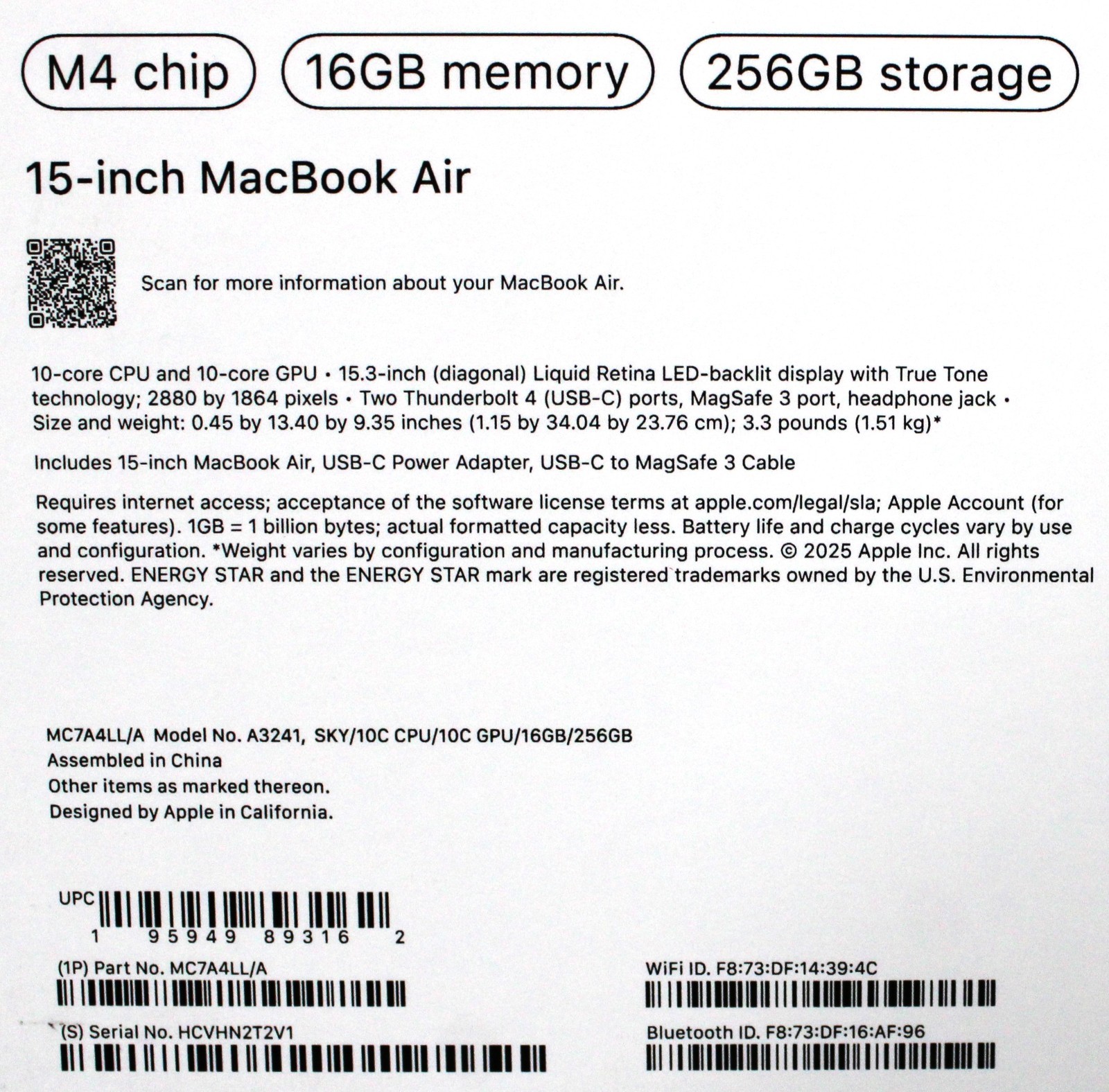 Apple | MC7A4LL/A | A3241 MacBook Air | 16Gb Memory | 256Gb Storage – Open Box