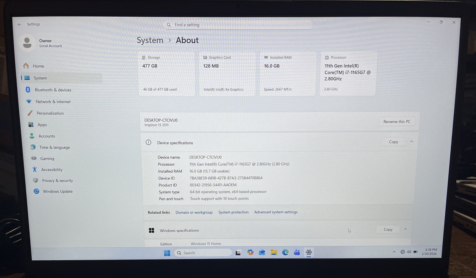 Dell Inspiron 3511 i7-1165G7@2.8GHz, 16GB RAM, 512GB M2, Win 11 Home *READ*