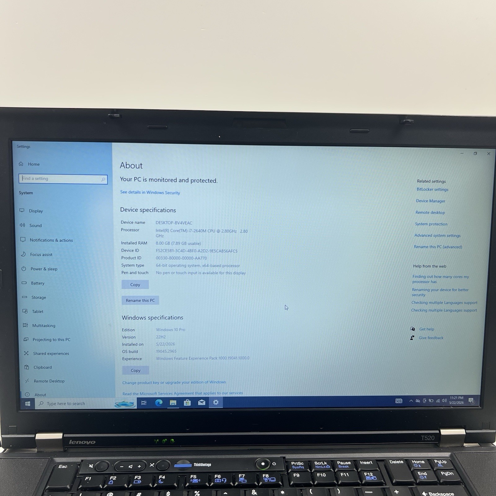 Lenovo ThinkPad T520 Intel i7-2640M 8GB 320GB HDD Win 10 w/ Charger|ELP76, READ