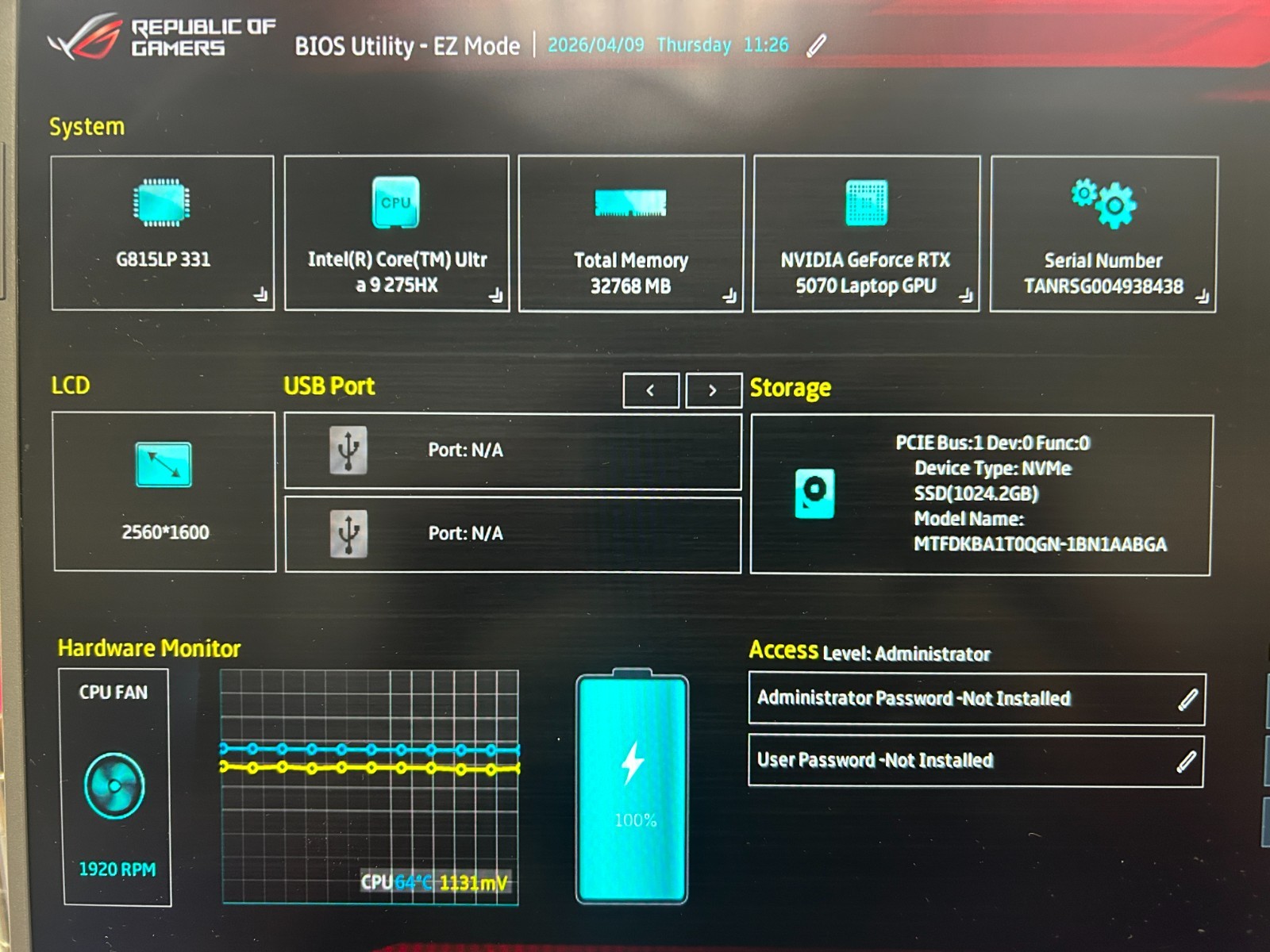 ASUS ROG STRIX G, Intel CORE Ultra 9 275HX, 2.70 GHz, 32 GB RAM, 1 TB NVMe SSD