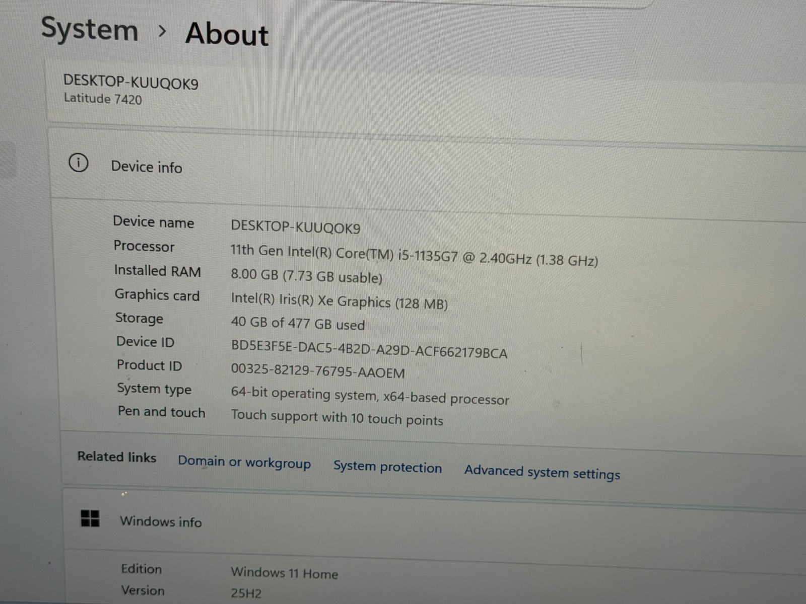 DELL LATITUDE 7420 i5-1135G7@2.40GHz 8GB RAM 512GB M.2 NVMe W11H TOUCH *READ