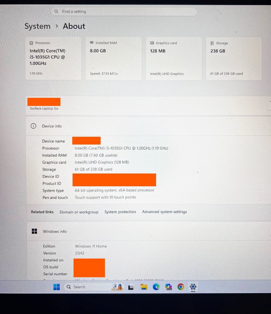 Microsoft Surface Laptop Go 1 i5-1035G1 8GB 128GB SSD Win11 Touch 12.4