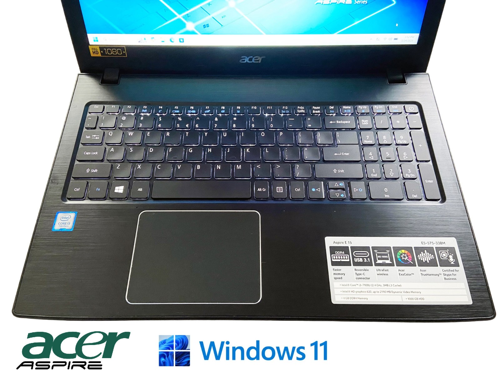 Acer Aspire E5-575; Intel Core i3-7100 @2.40GHz 15.6″ 1TB SSD 16GB RAM Laptop