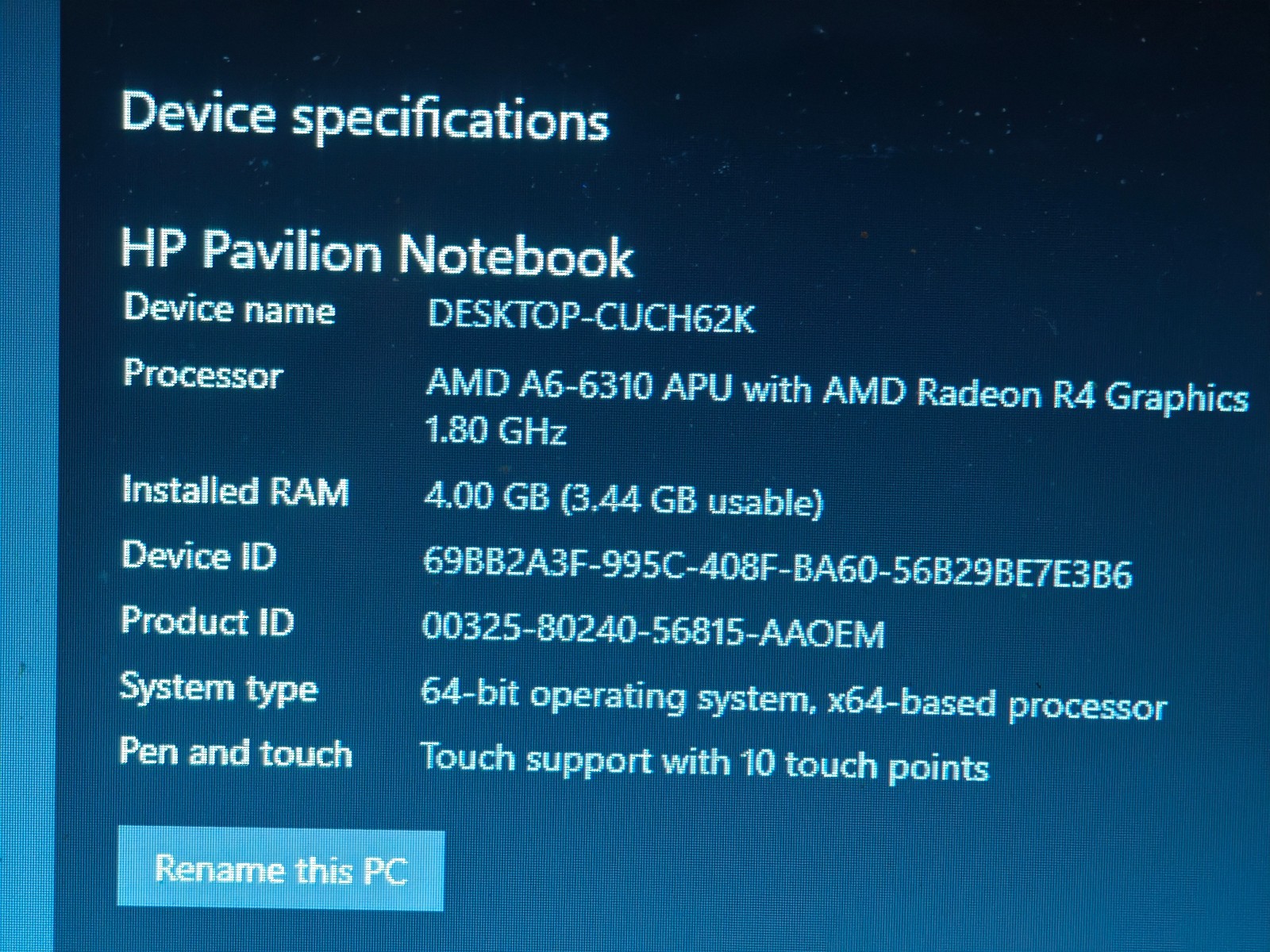 HP Pavilion Notebook Laptop – 500GB HDD, 4GB RAM, AMD A6-6310 APU