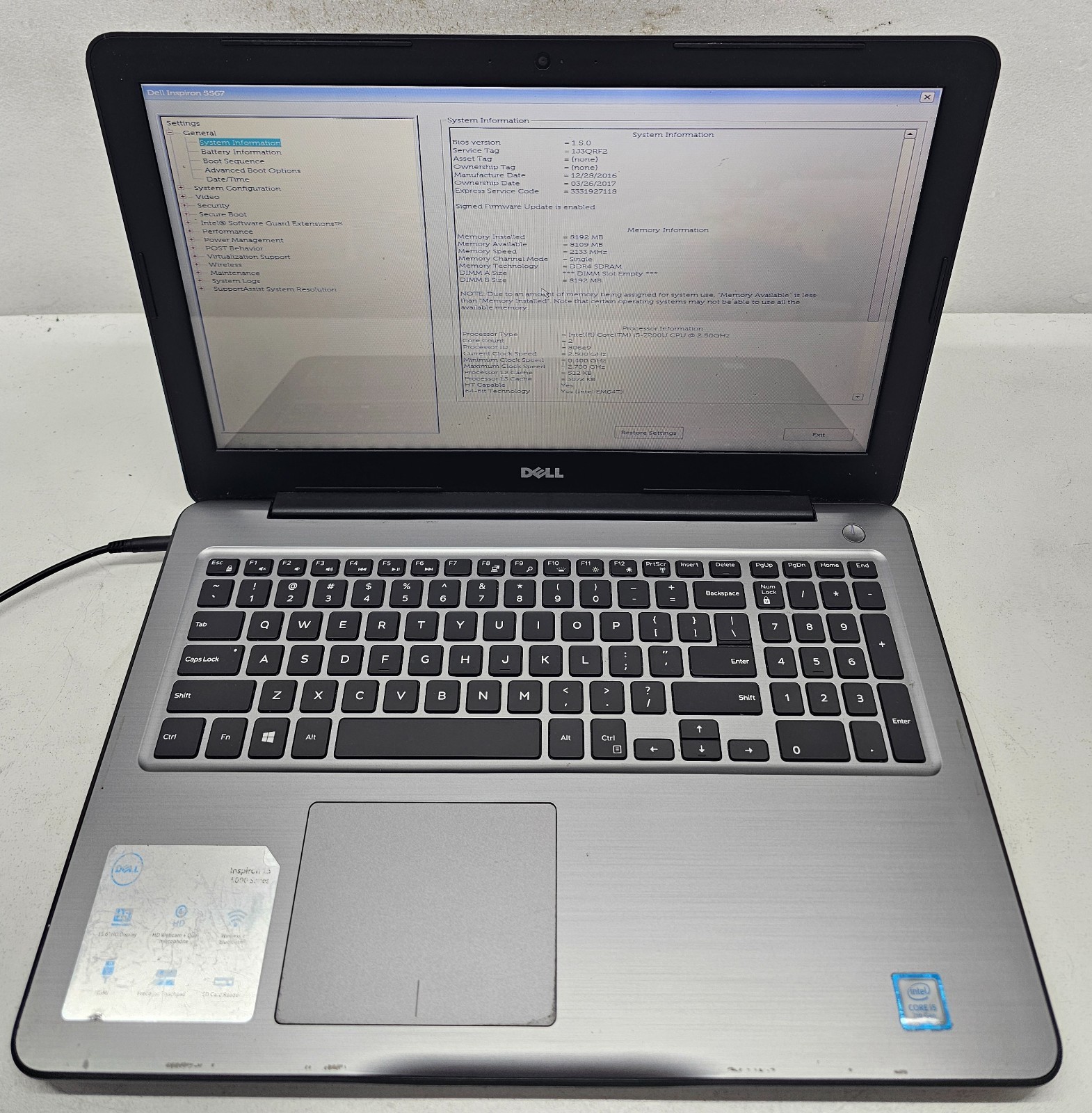Dell Inspiron 15 5567 Laptop Intel Core i5-7200U 8GB RAM 1TB HDD No OS (FL)