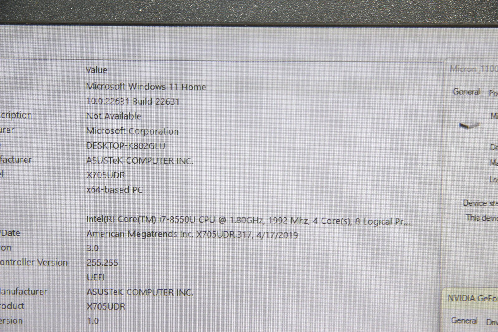 ASUS VivoBook Pro 17 17″ Laptop i7-8550U 16 GB RAM 256 GB SSD Win 11 No Charger