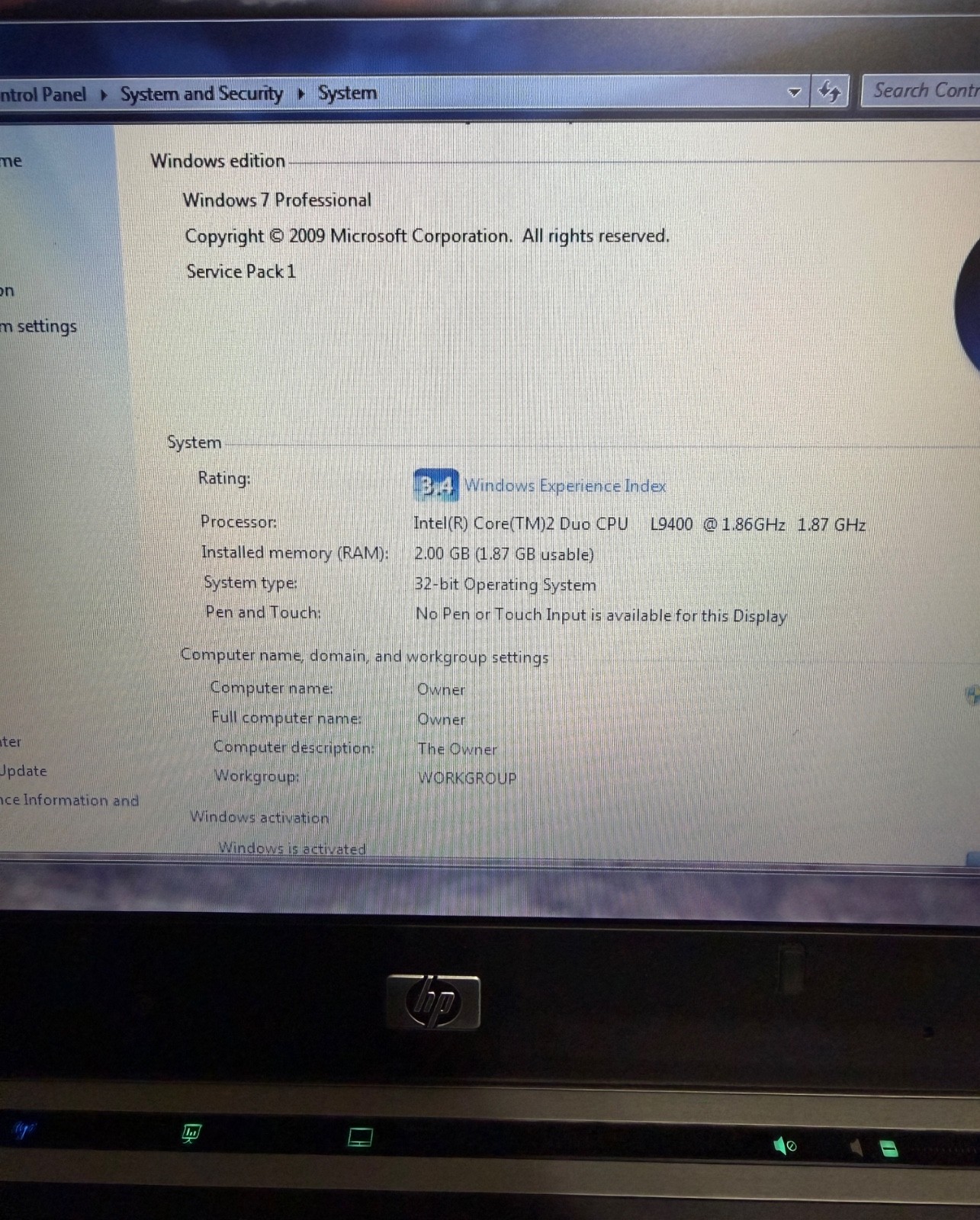 HP ELITEBOOK 2530P 1.86GHz CORE 2 DUO 111GB HD 2GB RAM DVDRW