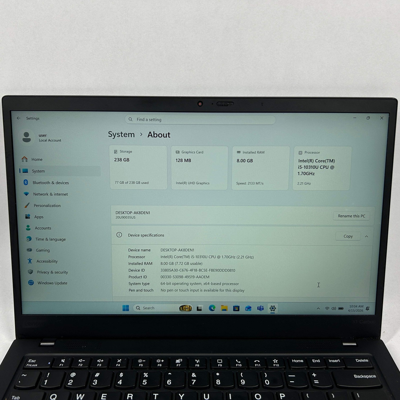 Lenovo ThinkPad X1 Carbon Gen 8 13.3″ i5-10310U 2.2GHz 8GB RAM 256GB SSD