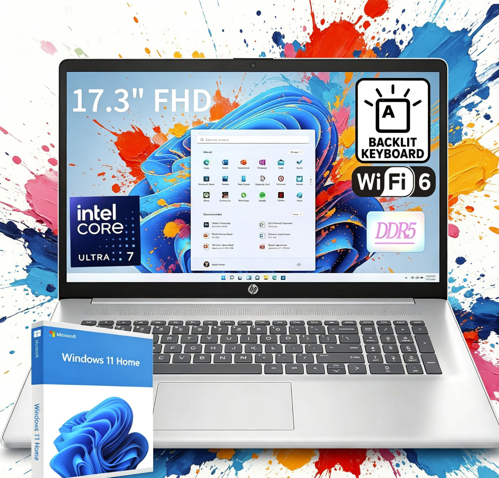 HP 17.3” FHD AI Laptop, Intel Core Ultra 7 255U (Up to 5.2GHz),Backlit Keyboard