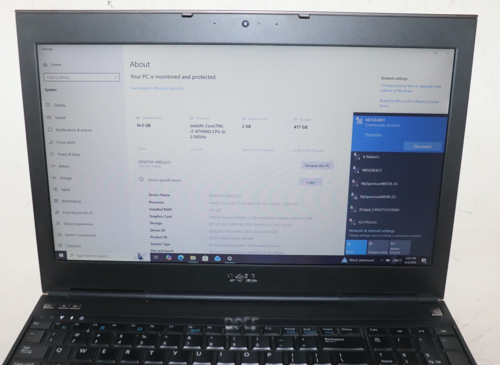 Dell Precision M4800 Intel i7 core @2.50GHz|16GBRAM|512GBSSD|WIN10|Nvidia|Webcam