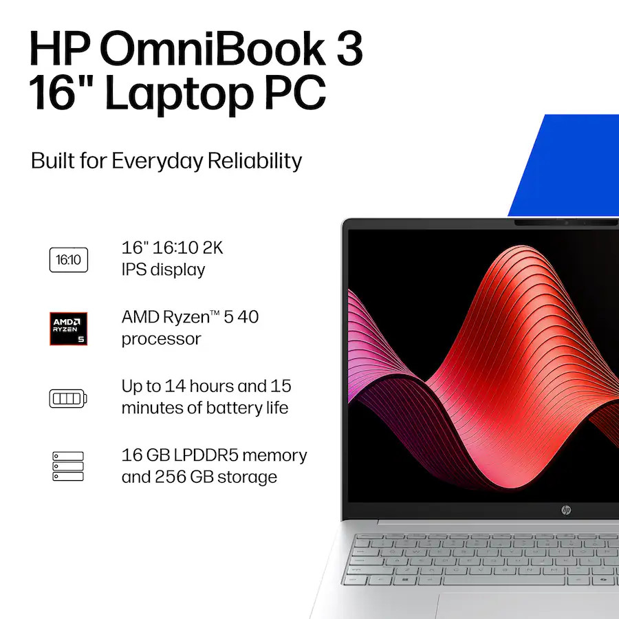 New HP OmniBook 3 16″ 2K WUXGA Touch AMD Ryzen 5 40 16GB RAM 256GB SSD Cam W11H