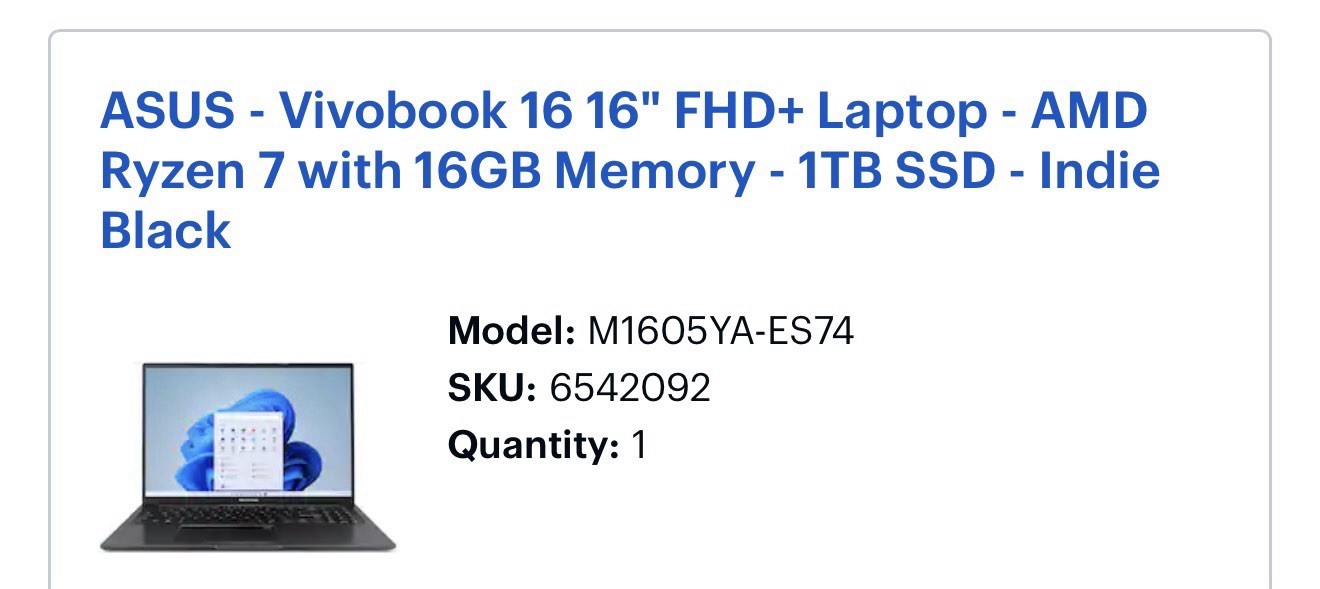 ASUS Vivobook 16″ FHD+ Laptop, AMD Ryzen 7, 16GB Memory, 1TB SSD, Black