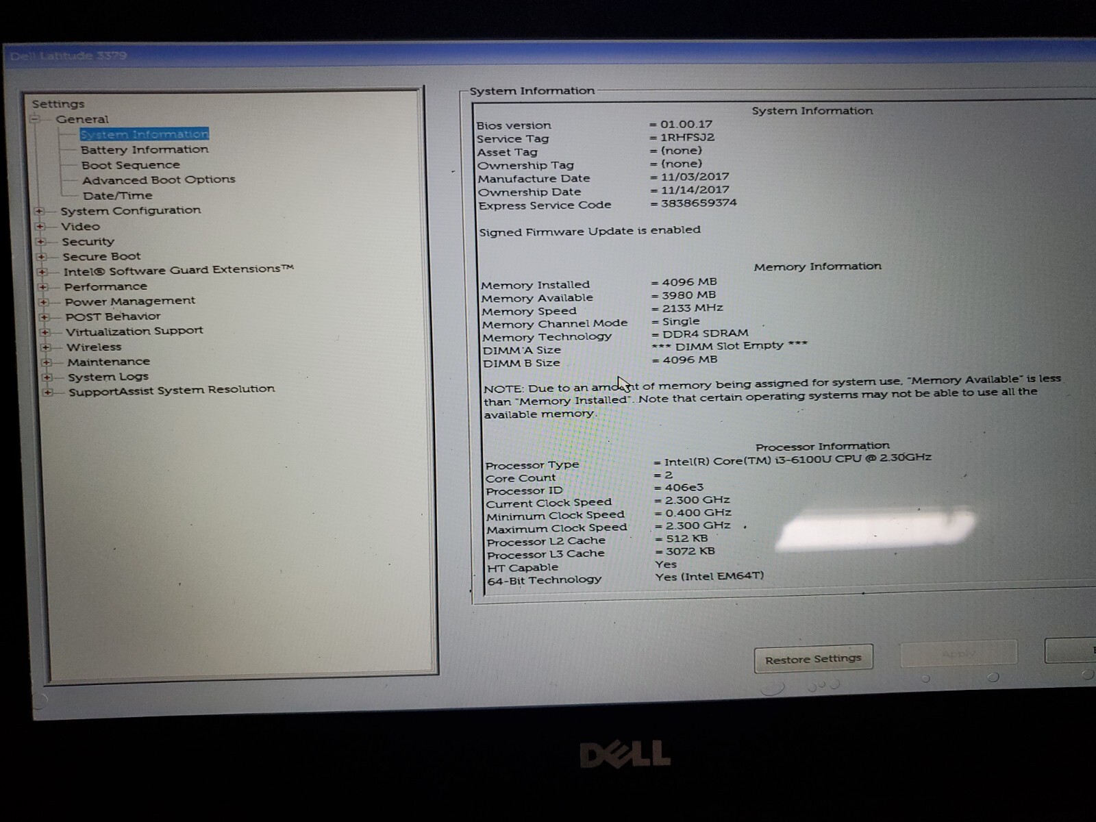 Dell Latitude 3379 Core i3 6100U 2.3GHz 4GB RAM. sell for part.