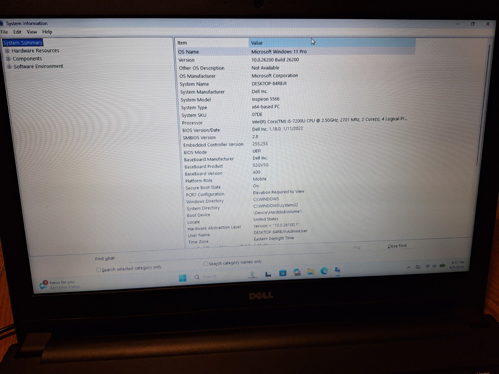Dell Inspiron 15″ 5566 Laptop Core i5-7200U / SSD 256 GB / 8GB / Win 11 Pro