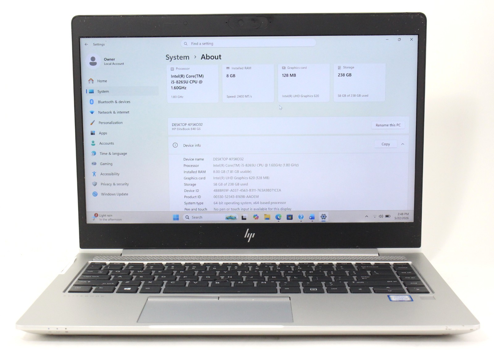 HP Elitebook 840 G6 14″ 1.6GHz i5-8265U 256GB SSD 8GB RAM Win 11 Pro ; 6181273