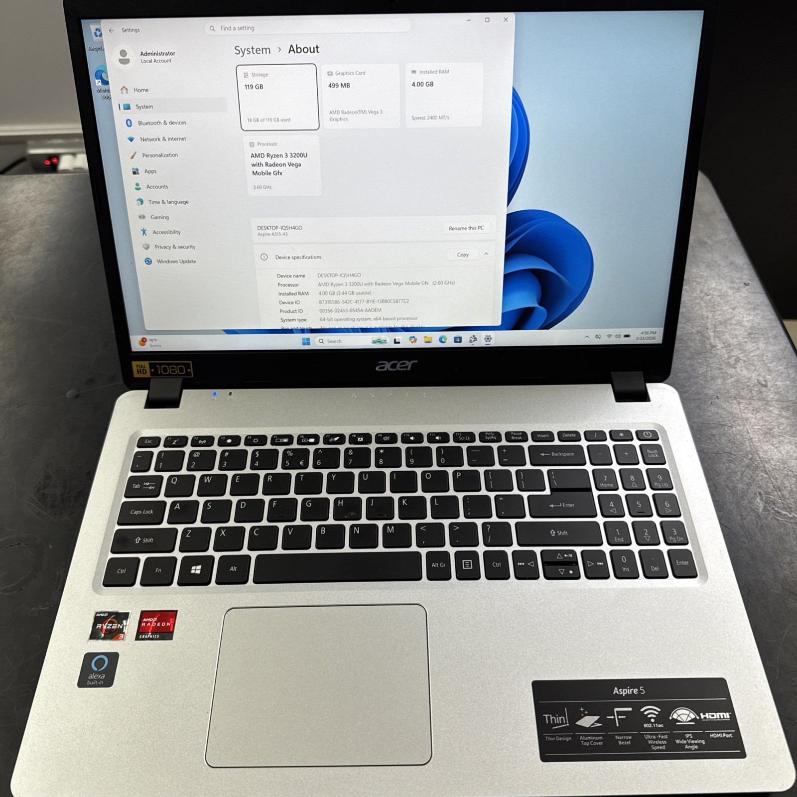 Acer Aspire 5 A515-43 Ryzen 3 3200U 4GB DDR4 RAM 128GB WIN 11 *bad Trackpad