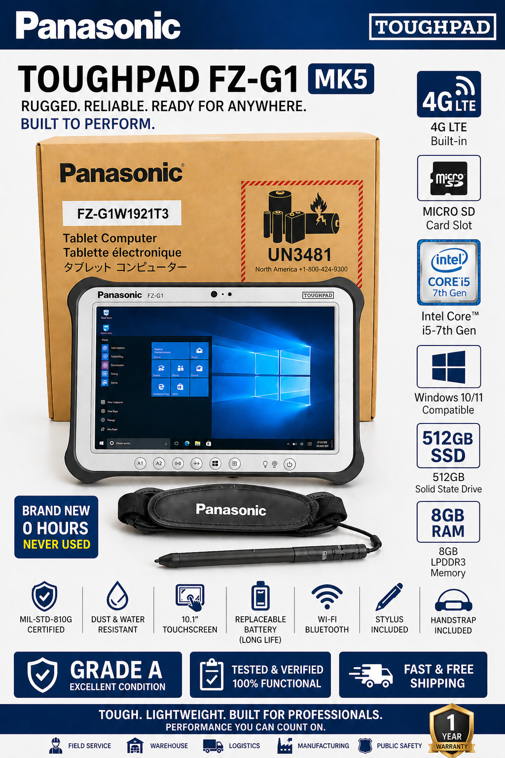 PANASONIC FZ-G1 MK5 10.1″ WUXGA i5-7300U 512GB SSD 8GB 4G LTE MICRO SD READER